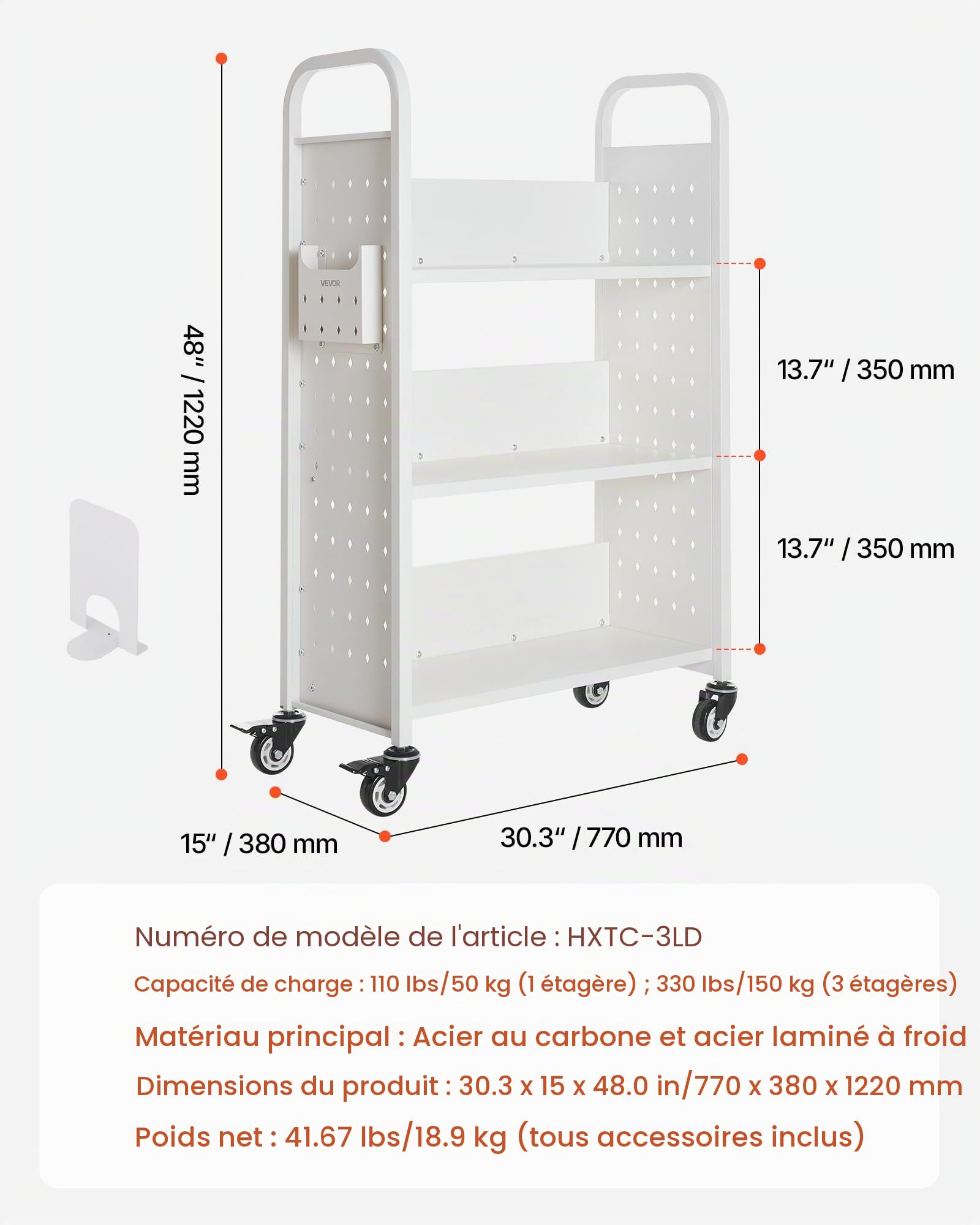 VEVOR Chariot à Livres, Capacité de Charge 150 kg, Chariot de Bibliothèque, 77 x 38 x 122 cm, Étagère de Rangement Livres Simple Face en L avec Roulettes Double Frein, pour Salon, Bureau, École, Blanc