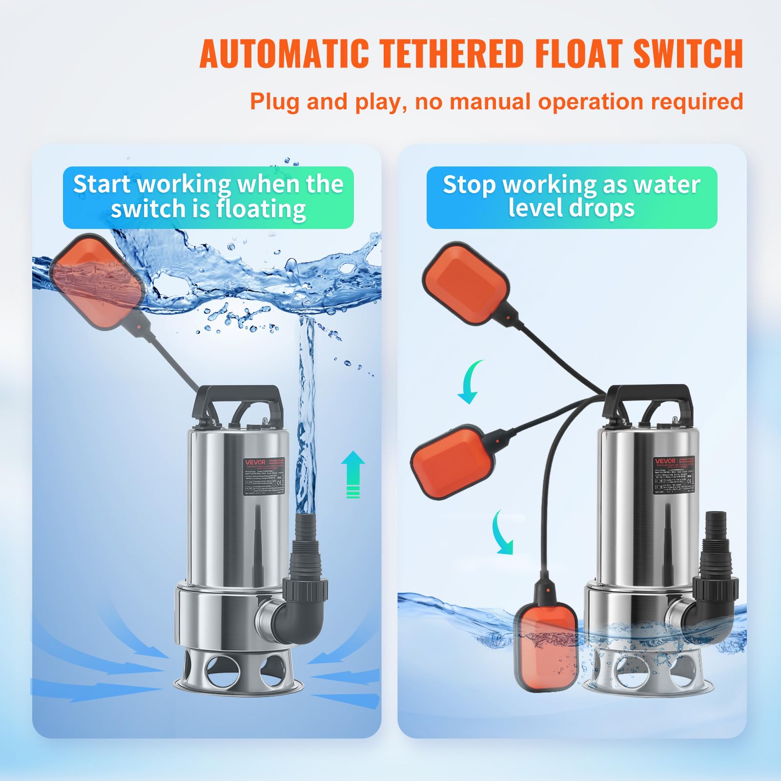 VEVOR Pompa Sommersa Elettrica da Drenaggio per Acque Sporche 1300W da Giardino Laghi Pozzo, Elettropompa a Immersione per Drenaggio di Acque Sporche Nere Scure 10A 1300W per Piscina Giardino Pozzetto