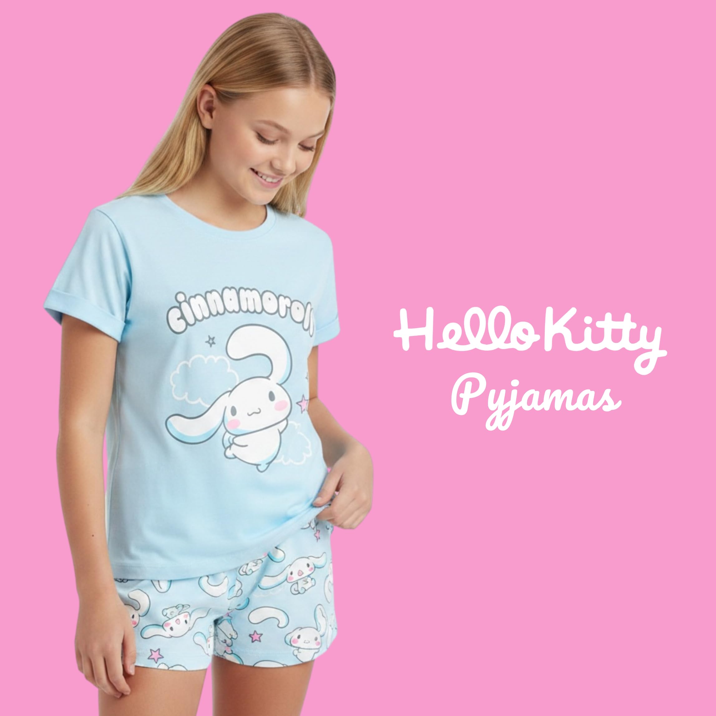 Hello Kitty Cinnamoroll Camiseta y Pantalon para Niña, Conjunto 2 Piezas Camiseta Manga Corta y Pantalon Corto, Tallas 8 a 14 Años