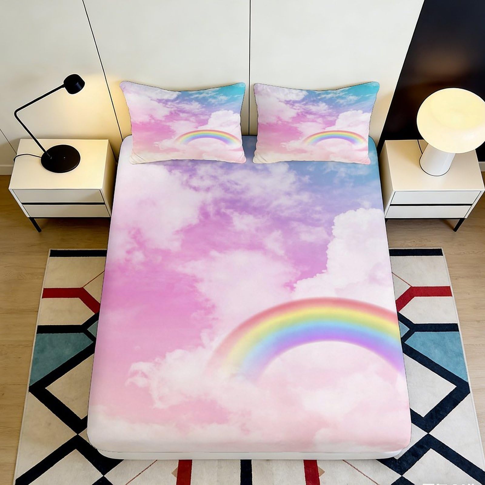 Tjiqhvmrn Style-10 3D Printed Dreamy Rainbow Cloud Fitted Sheet Microfiber Deep Pocket Full Wrap Washable Bedroom Bedding Rainbow Mattress Fitted Cover 90X200x25cm