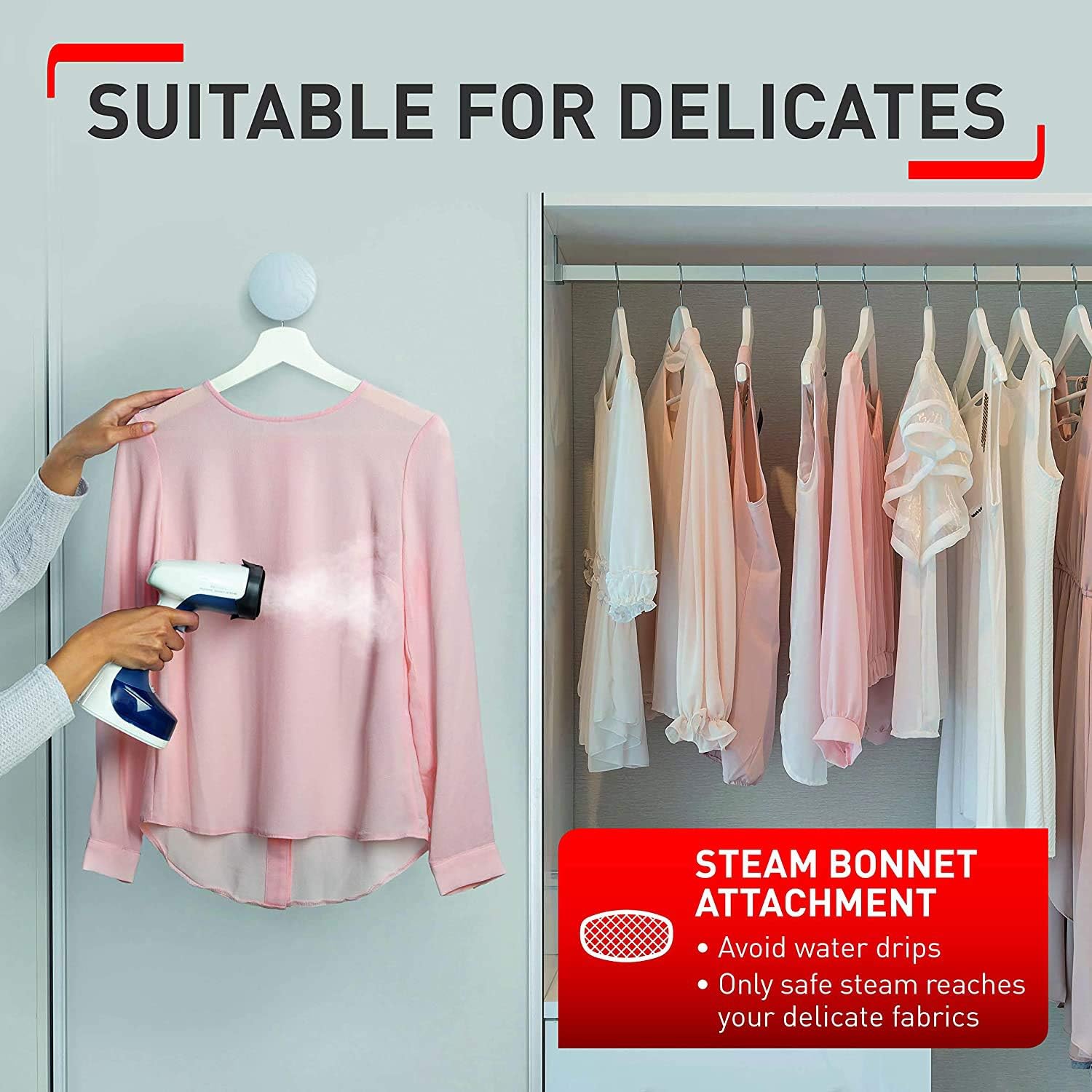 Person steaming a light blue cushion with the T-Fal steamer, indicating odor removal and sanitization.