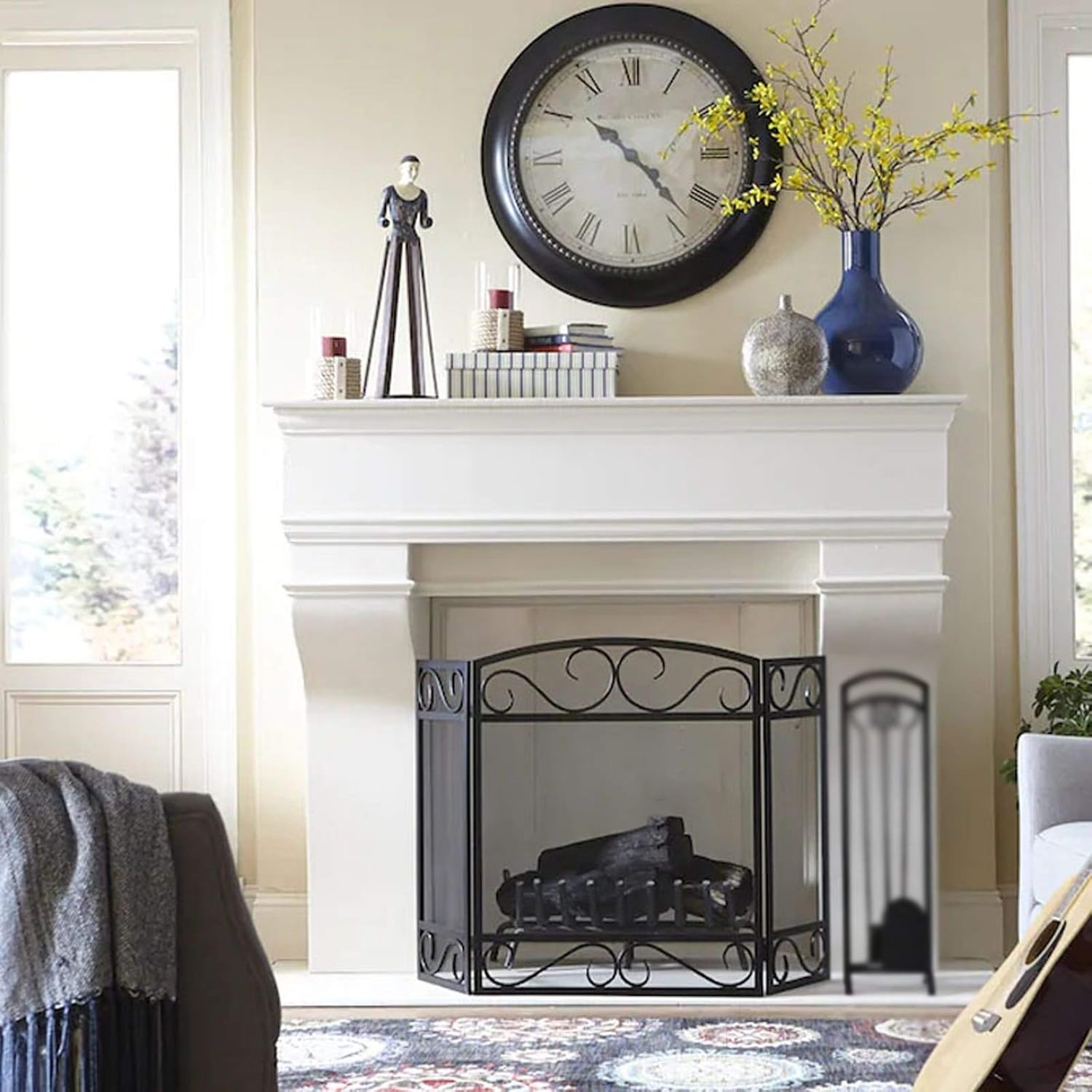 Fireplace Screen Guard, Fireplace Screen 3 Panel Iron Fireplace Screen Foldable Iron Fireplace Partition Screen，31.5 Inches × 48.8 Inches，Blackguard C