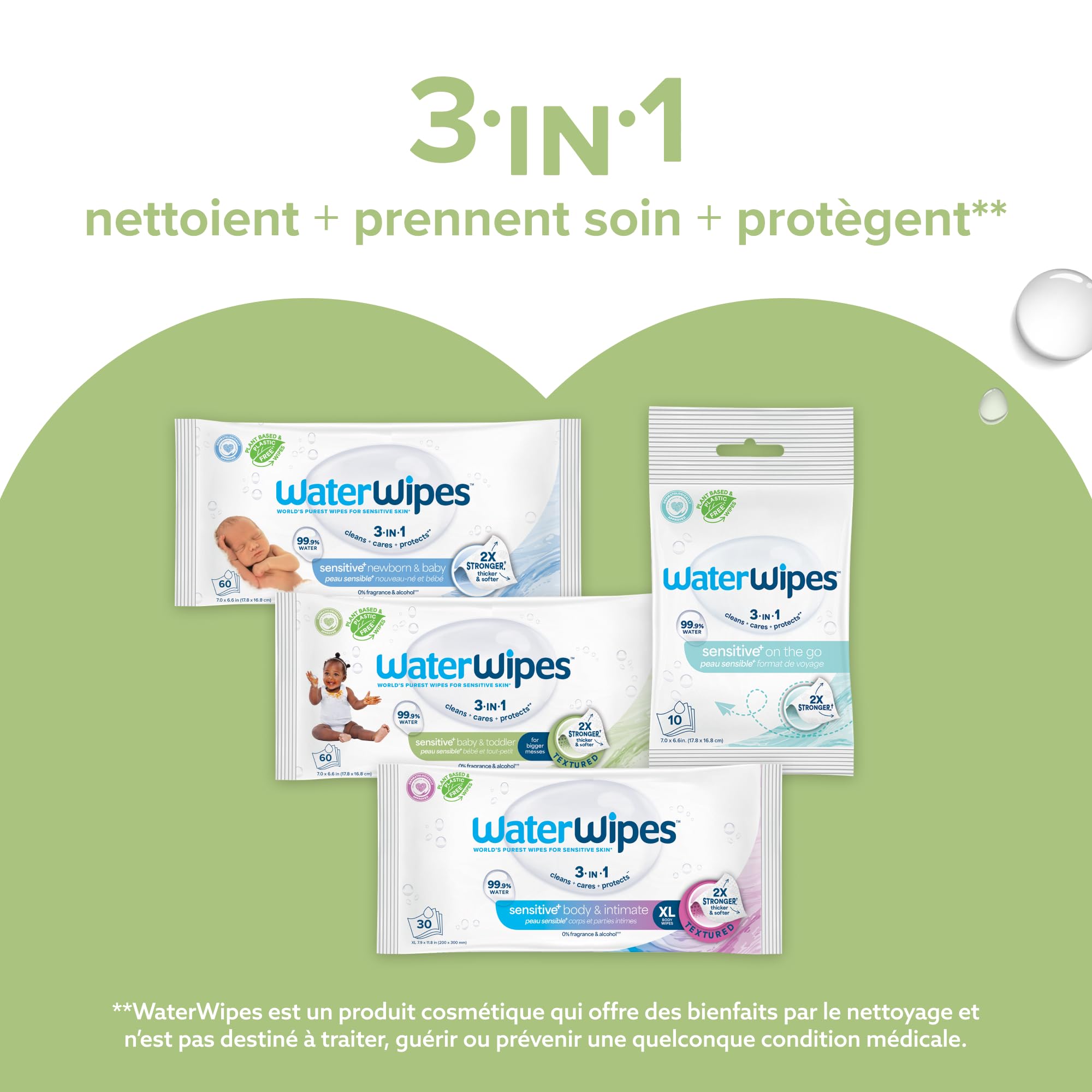 WaterWipes Sensitive+ Baby & Toddler Wipes, Lingettes Pour Bébés et Tout-Petits, 240 unités (4 paquets), 3-en-1 nettoie, soigne, protège, 99,9% d'eau, Textured Clean, non parfumées