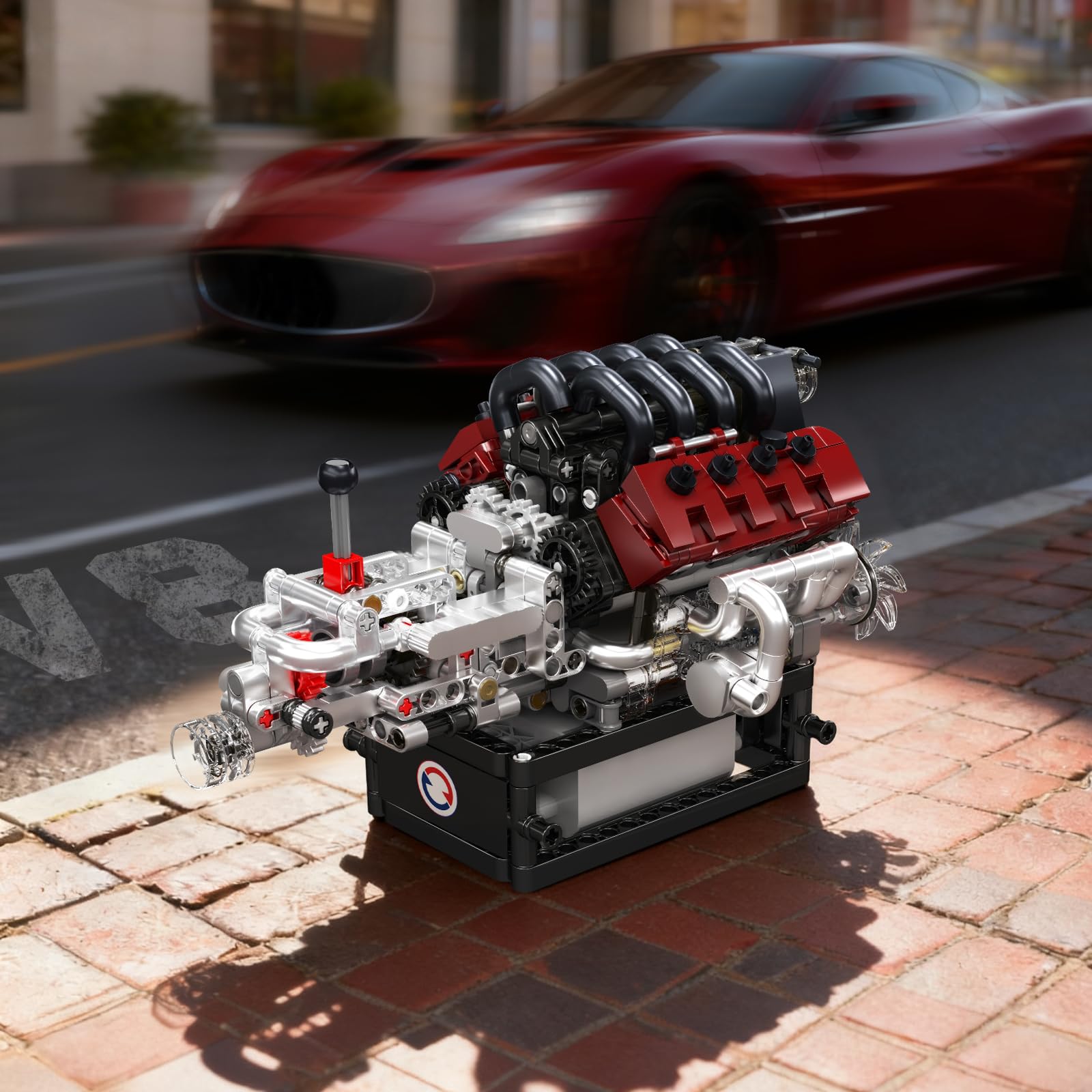 Mould King 10227 MOC Technik V8-Motor-Baustein-Modell, elektrische Verbindung | Italienischer Supersportwagen-Motor-Struktur-Demonstration | Kurbelwelle-Kolben/Zahnrad-Nockenwellen（787+Teile）