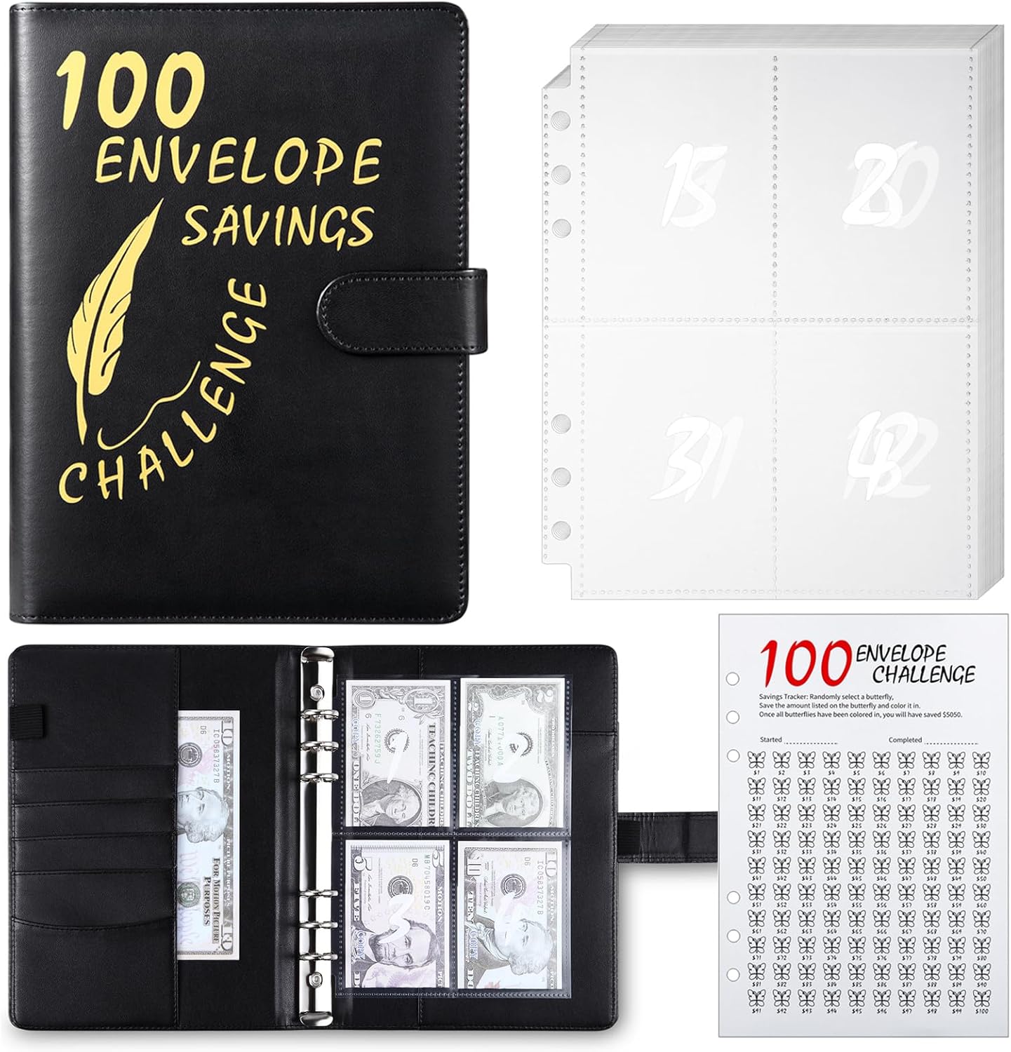 100 Envelope Challenge Binder, 25 Sheets Silkscreen Numbers to 100, Not Stickers, Reusable Tracker, Easy and Fun 100 Envelopes Money Saving Challenge Save $5050, Budget Planner & Saving Money (Black)
