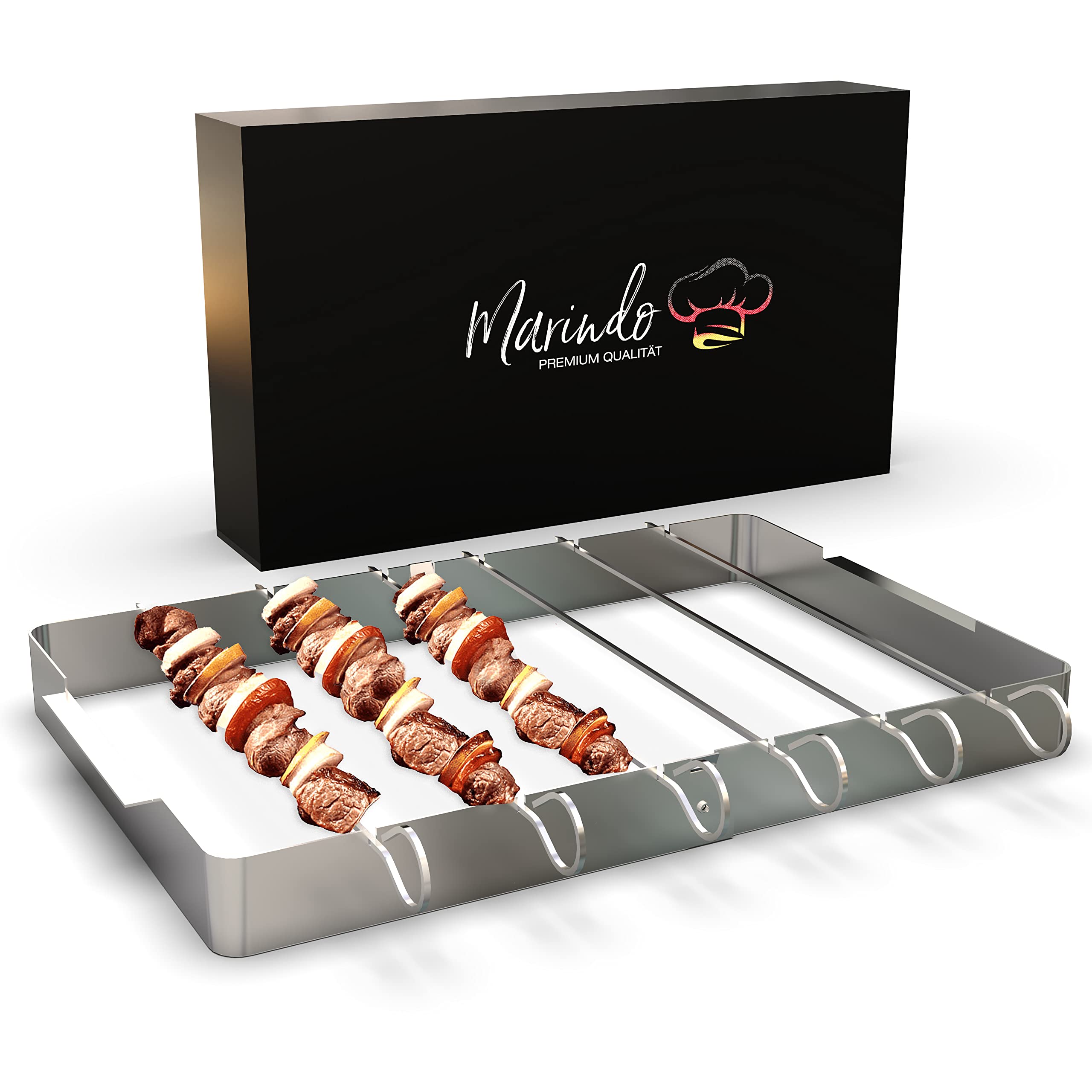 Marindo BBQ Grill- und Schaschlikspieße Edelstahl 6er Set – 6 Grillspieße 31cm lang & Gestell | Grillspieße für Schaschlikgrill | Schaschlik Fleischspieße