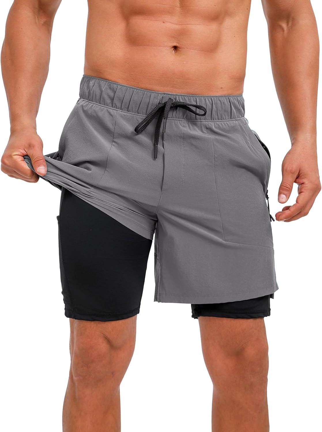 ECUPPER Mens Swim Trunks with Compression Liner Board Shorts with Zipper Pockets Quick Dry Swimwear Beach Bathing Swimsuit