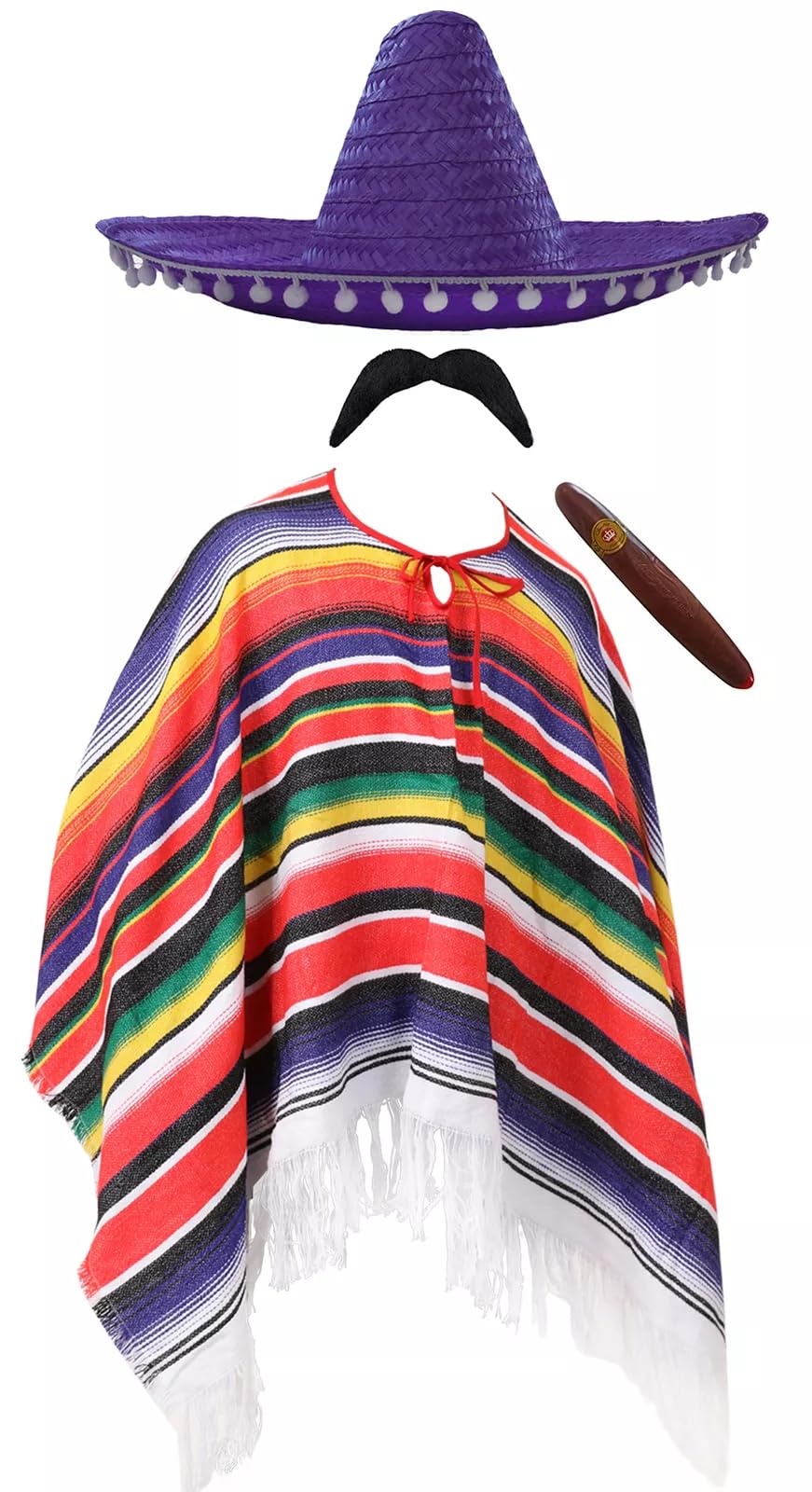 Adults Mexican Costume - Multicoloured Poncho with Tasselled Edges, Purple Sombrero, Fake Cigar, Fake Moustache - Mens Ladies Mexico Cinco de Mayo Fancy Dress Costume
