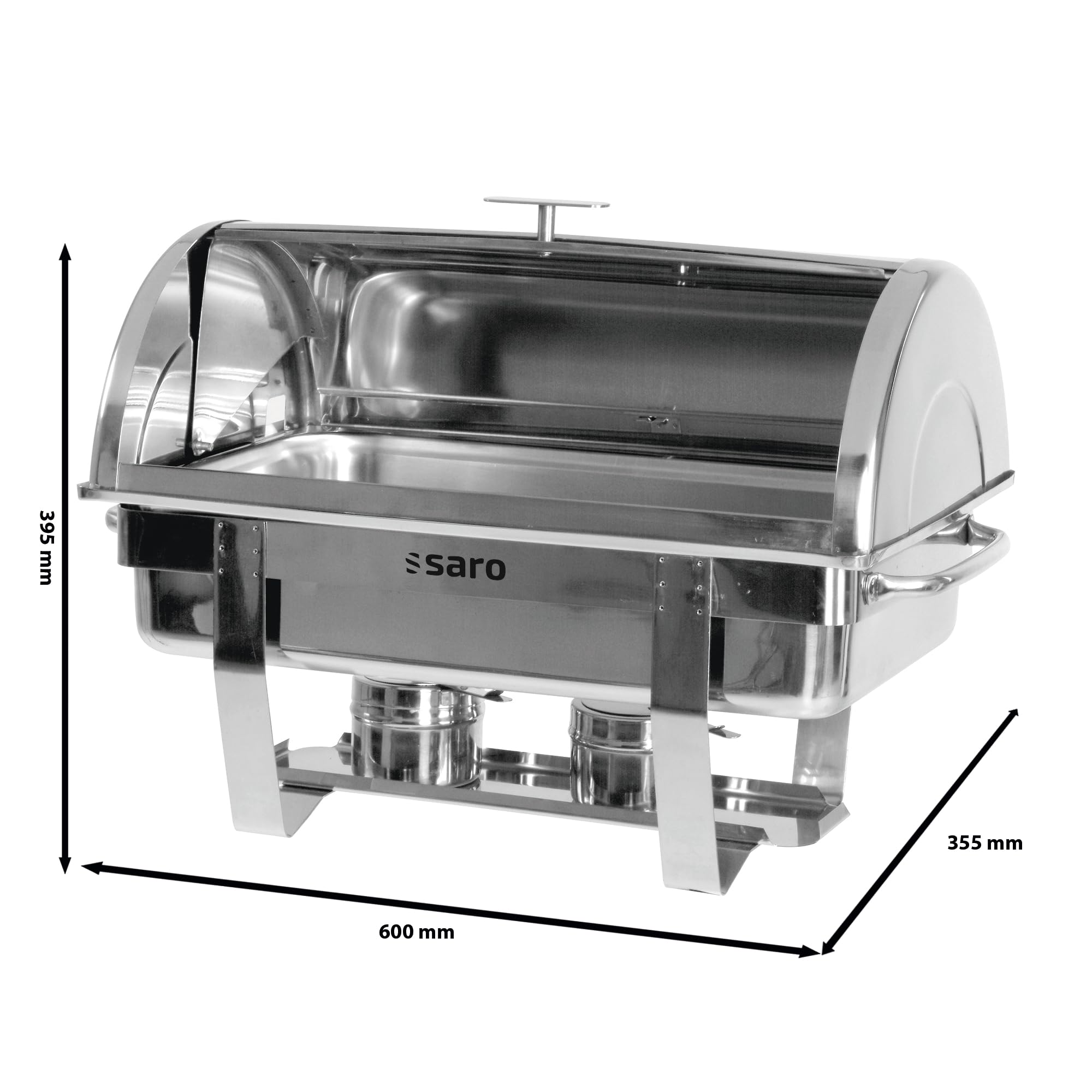 SARO Chafing Dish mit Rolldeckel inkl. 1/1 GN-Behälter, Tiefe 65 mm – Mit 2 Brennpastenhaltern & Untergestell - Edelstahl hochglanzpoliert – Für 1/1 GN-Behälter – GN-Tiefe max. 100 mm – Modell DENNIS