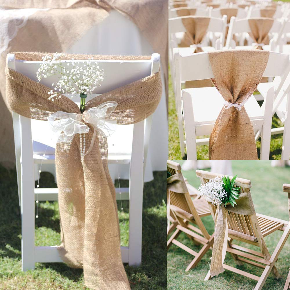 WEIDU Szarfy na krzesło jutowe 17 cm x 275 cm, rustykalne pokrowce na krzesło z juty, kokardy, dekoracje na ślub, urodziny, zaręczyny, 20 szt