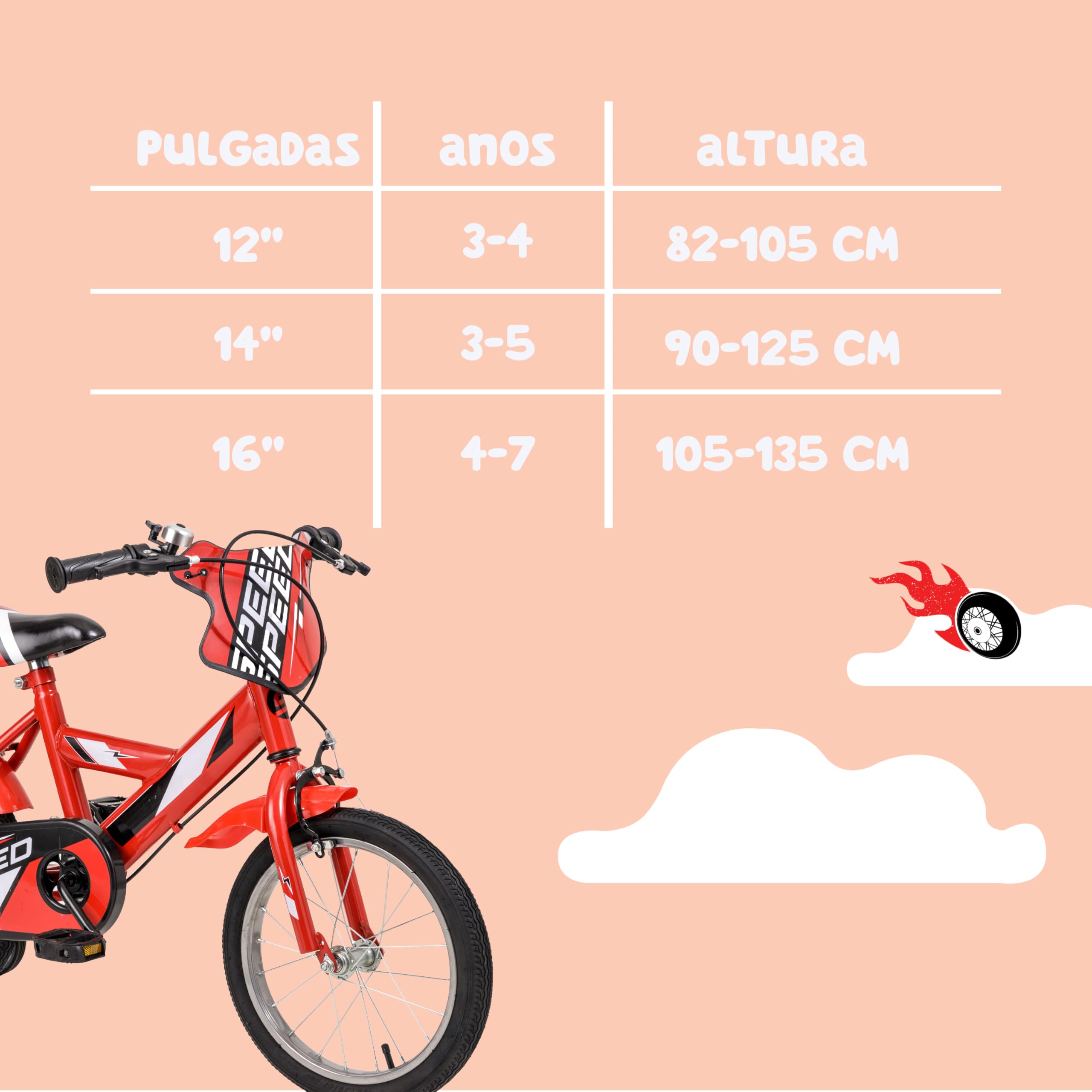 Baroni Toys Bicicleta roja para niño con ruedas incluidas, bicicleta deportiva para niños de acero, bicicleta para niños de 4 a 7 años, talla 12, 14 y 16 pulgadas