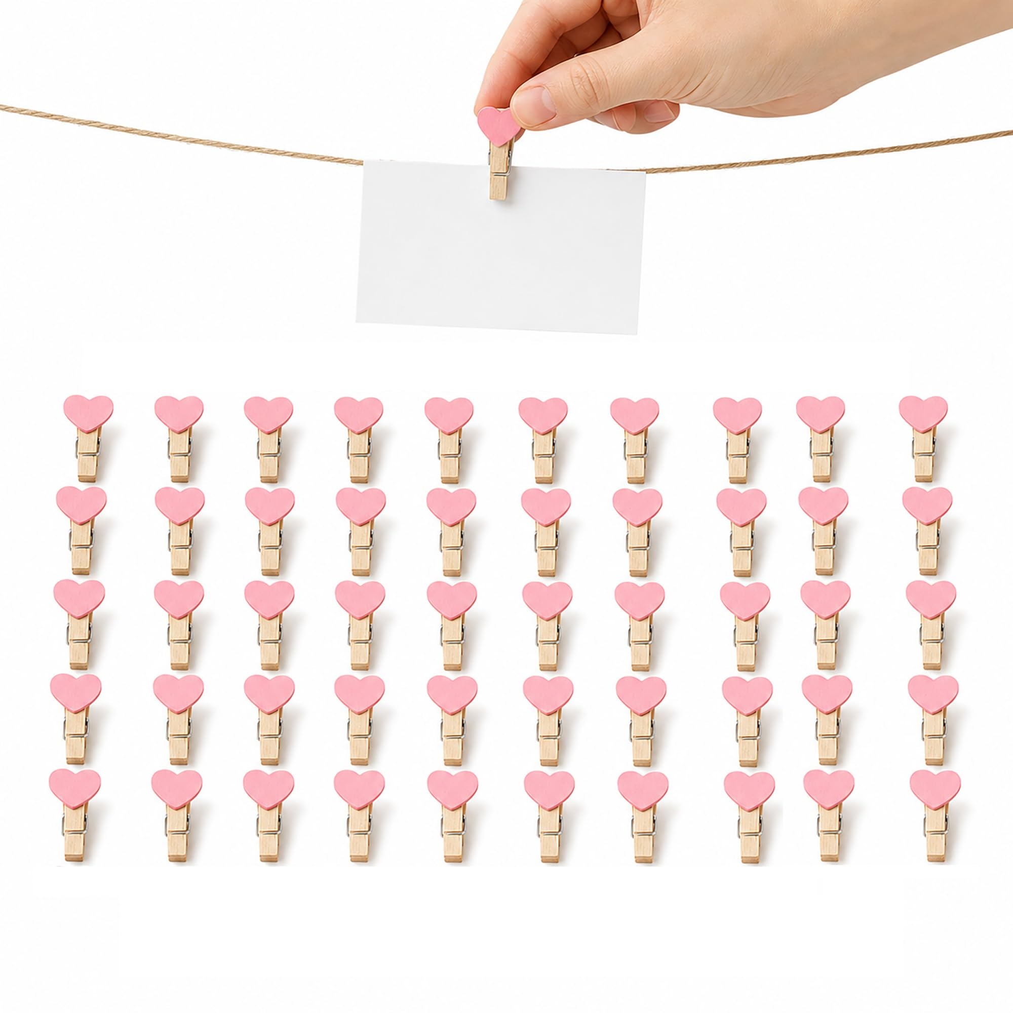 Mini Photo Pegs – Photo Display Clips for Cards and Tags (50, Pink Heart)