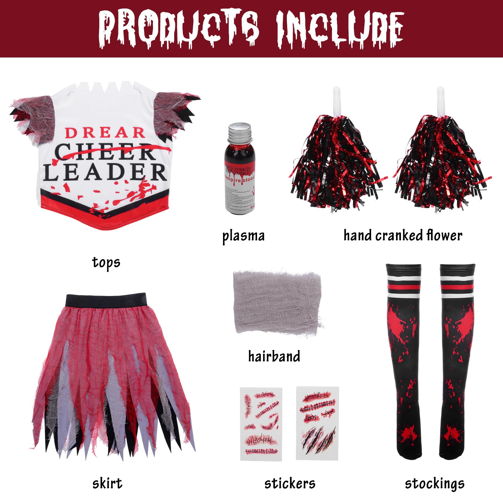 SERTAS Girl Scary Bloody Cheerleader Costume,Zombie CostumeKids,Girls Halloween Costume,Zombie Cheerleader Costumefor Halloween Dress Up Parties,Scary HalloweenCostume (Black - Image 3