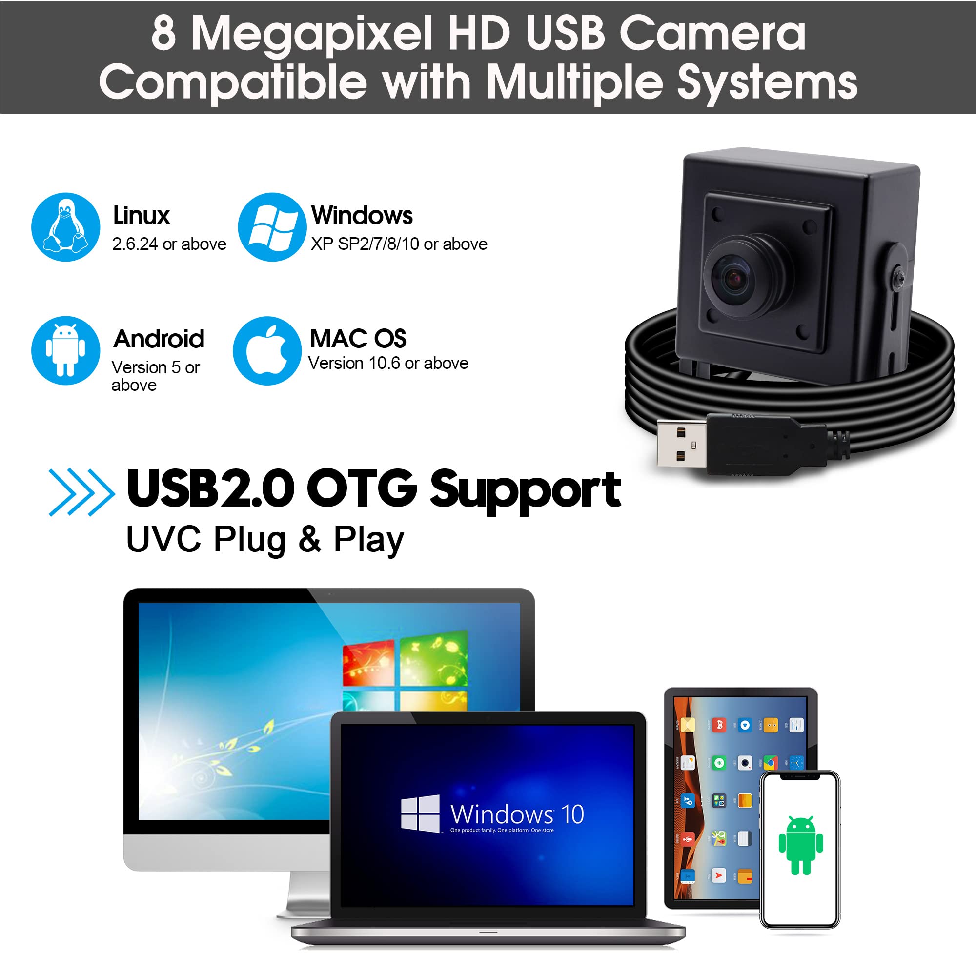 Svpro Fotocamera USB da 8MP ultra grandangolare webcam Fisheye 180 gradi ad alta risoluzione 3264x2448 USB fotocamera con alloggiamento in alluminio per industria e PC computer portatili
