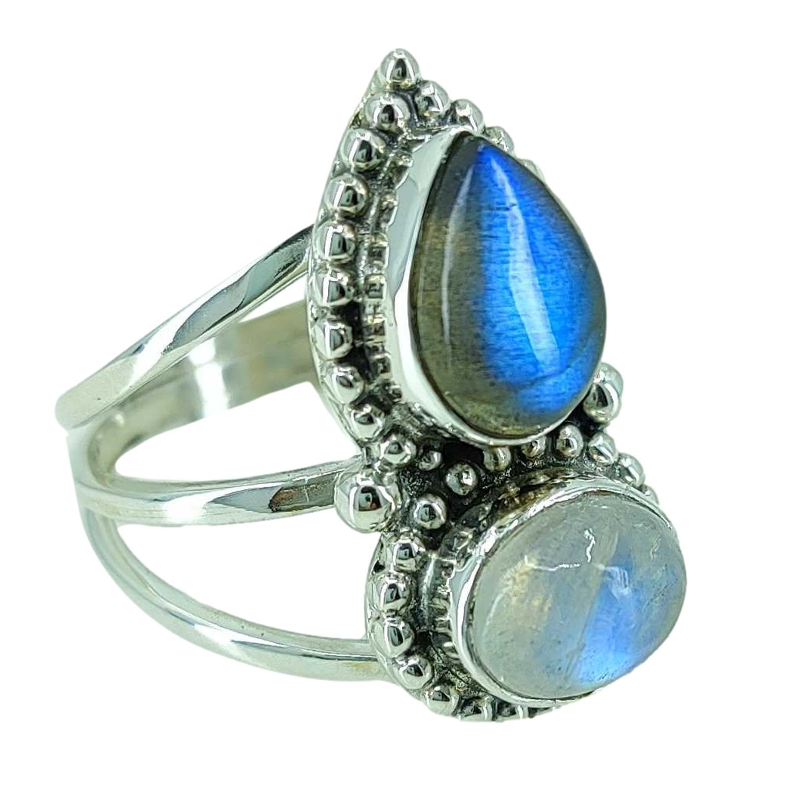 Navya CraftRainbow Moonstone, Labradorite Ring Size 9.0 | 925 Sterling Silver Handmade Statement Promise Ring for Women | Natural Gemstone Boho Jewelry | Gift for Her Birthday Anniversary