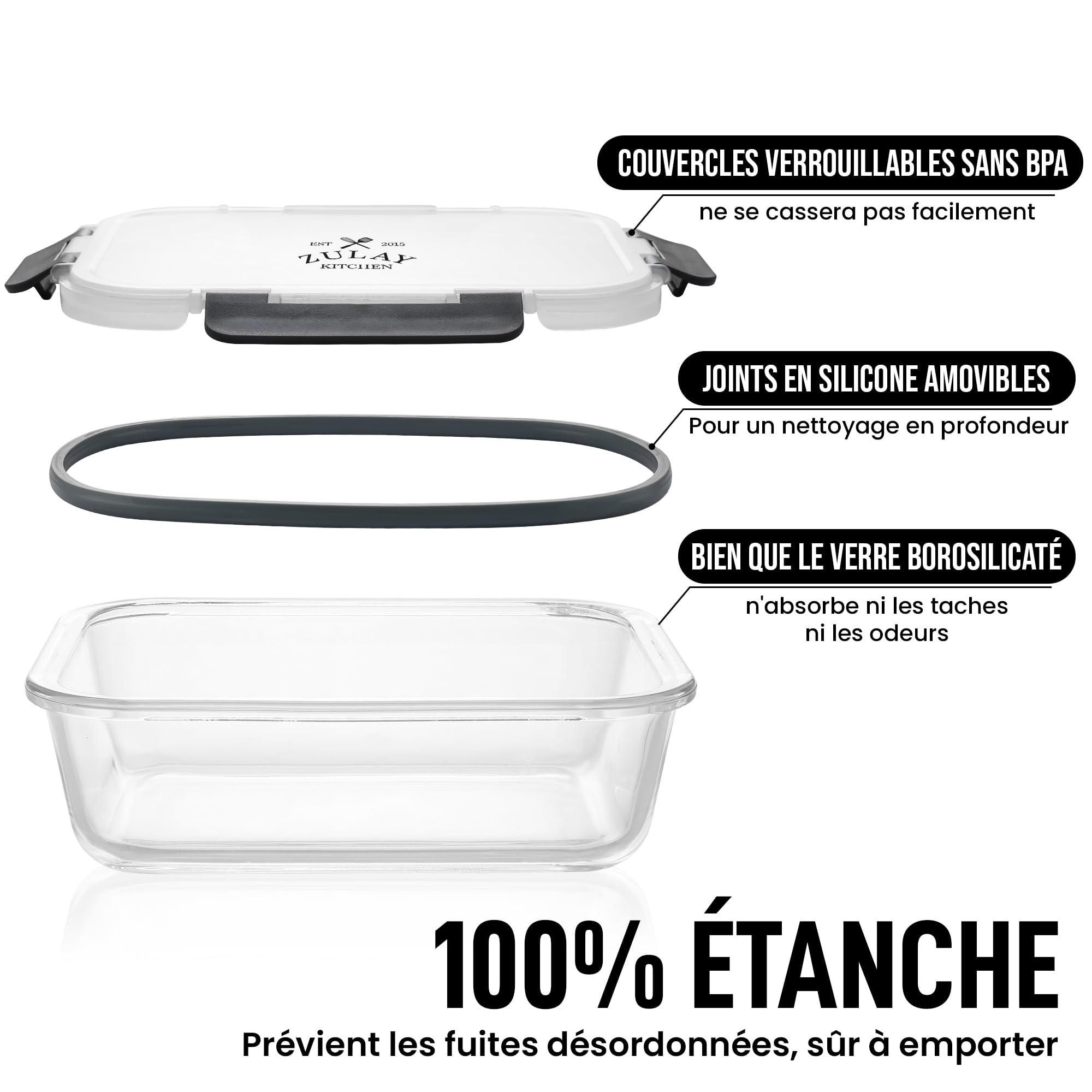 Zulay Lot de 5 boîtes de rangement en verre avec couvercles – 1 020,6 g – Boîtes de conservation en verre avec couvercles hermétiques à fermeture à pression anti-fuite