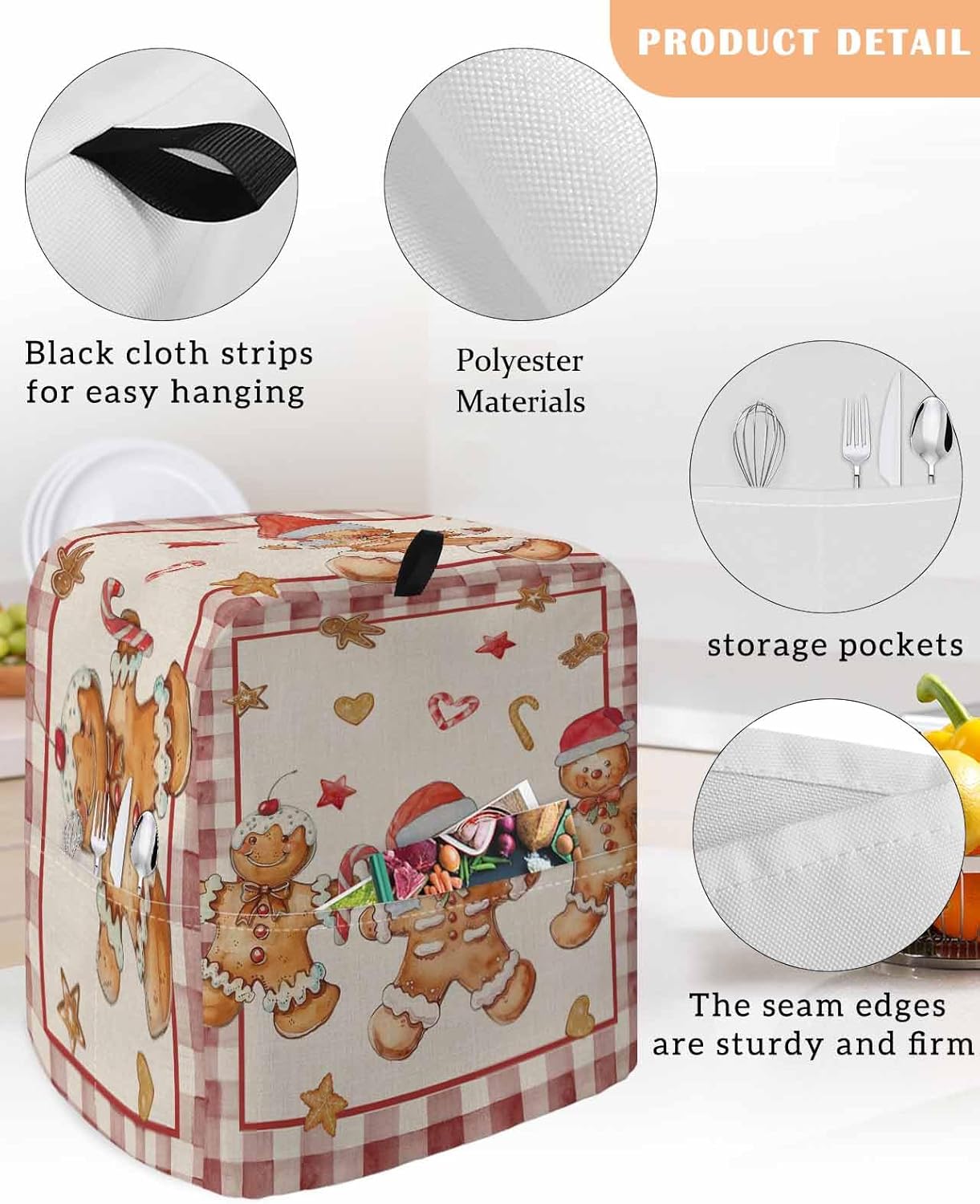Christmas Stand Mixer Cover, Gingerbread Man Vintage Red Buffalo Plaid Mixer Covers Waterproof Mixer Cover with Storage Pocket Winter Xmas Dust Cover Cover 14.5"x9.5"x16.5"