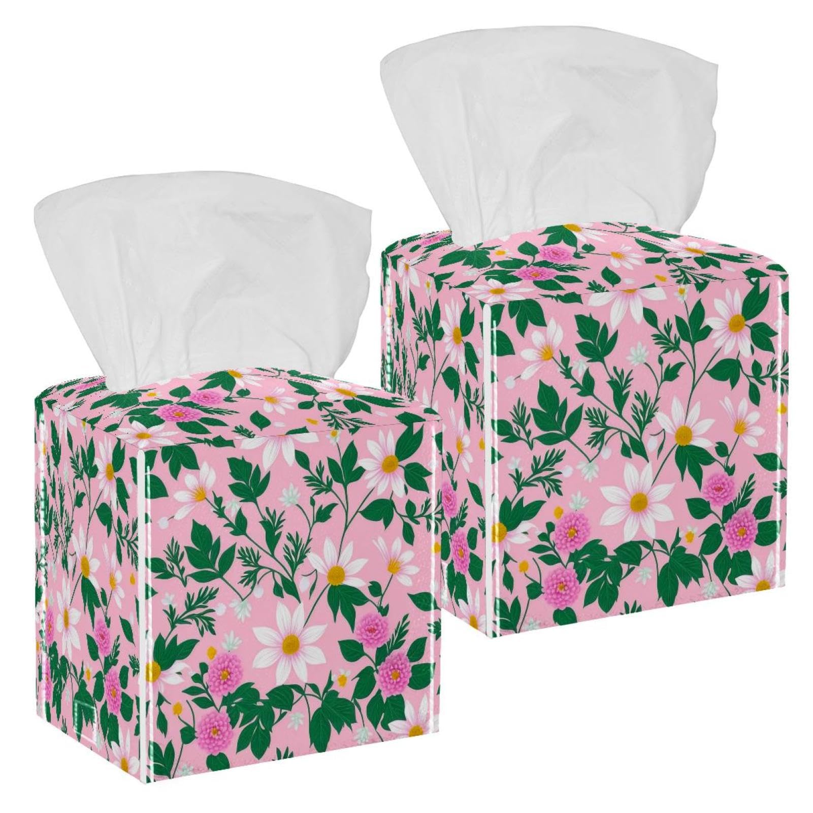 Aesthetic Flower Tissue Box Cover, 2 Pack PU Leather Square Facial Tissue Dispenser Box holder for Home Office Car