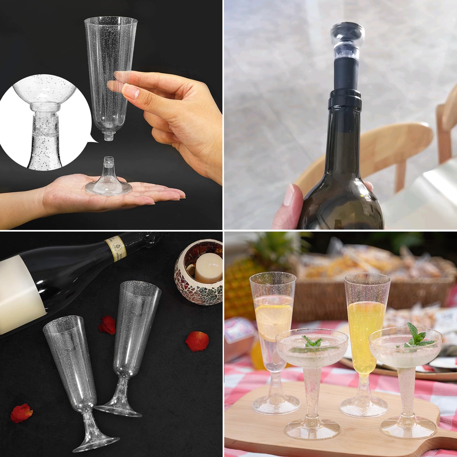 20 Pezzi Flute Plastica Riutilizzabili Argento 150ml, Calici Plastica Rigida Lavabili, Bicchieri Champagne con Tappo Vino Sottovuoto per Feste, Matrimoni