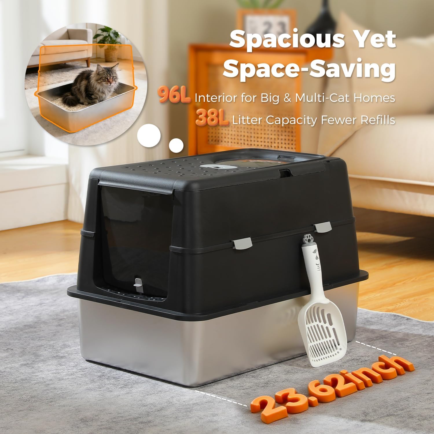 MUTTROS 2 Pack Stainless Steel Litter Box with Lid, Anti-Leak & Odor Free Enclosed Box, XL Extra Large High Sided for Big Cats, Front Top Dual Entry, Includes Scoop (Black)