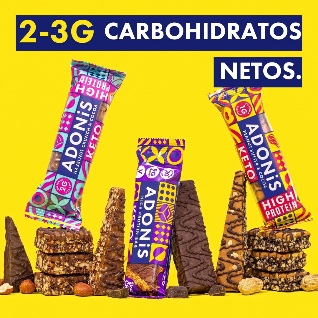 ADONIS Caja mixta de barras keto (20 barras)| 5 sabores de barras de alto valor proteico y barras de nueces| Vegano y keto | 100% naturales| Bajo en azúcar, calorías y carbohidratos para bajar de peso