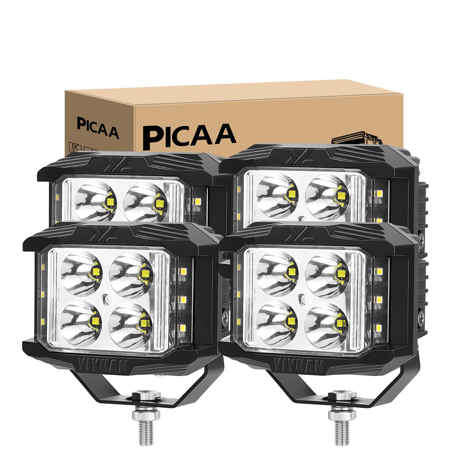 PICAA Światło robocze LED, 4 szt., 10 cm, 60 W LED Cube światła robocze Offroad Driving Spot Flood Light Bar ze strzelanką boczną do ciężarówki 12 V, 24 V, 4 WD, 4 x 4, oświetlenie kempingowe, 6000 K,