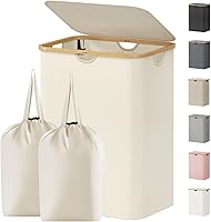 Vista 14 de Lifewit Cesta de lavandería de 80 litros con tapa, cestas de ropa para lavandería con asas de bambú y una bolsa de lavandería extraíble, cesta