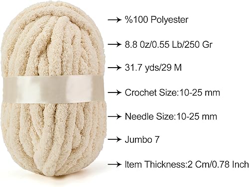 Miniatura 9 de ERLYEEN Hilo grueso de chenilla súper voluminoso, suave, grueso, esponjoso, gigante, lavable, de poliéster grande, para bricolaje, manta de punto,
