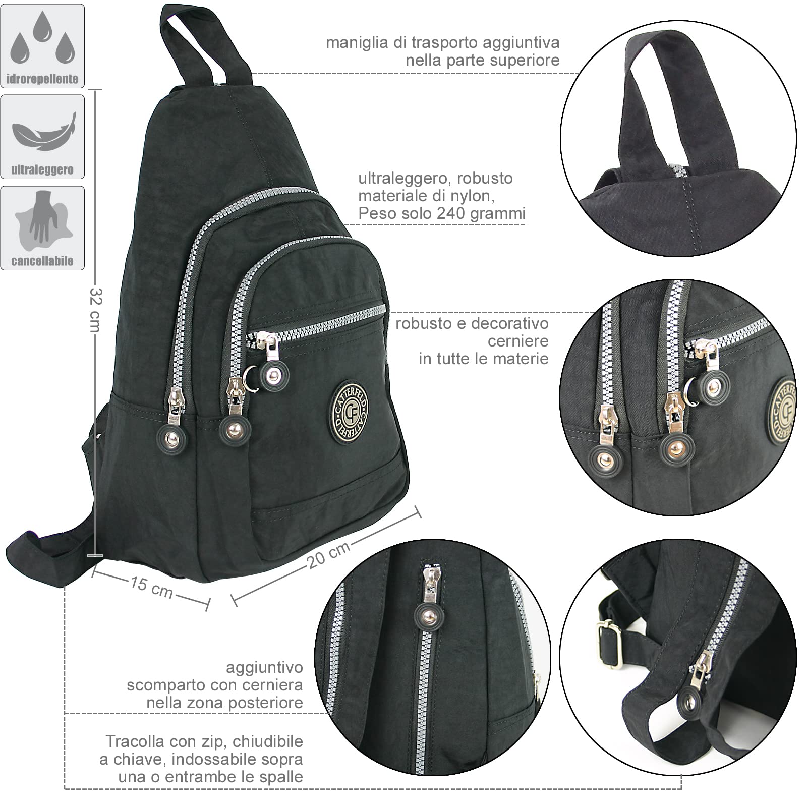Zaino da città da donna in nylon - zainetto sportivo leggero tempo libero