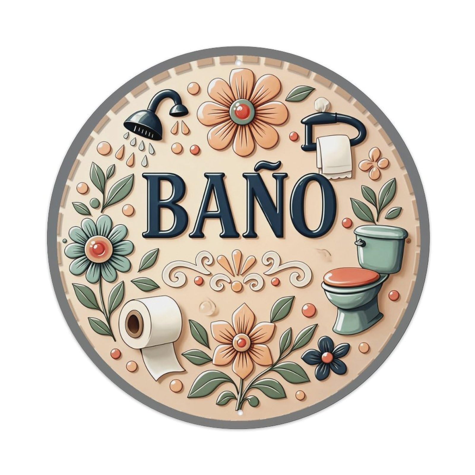 Bathroom Floral Decorative Circle Pattern Metal Tin Sign Plaque