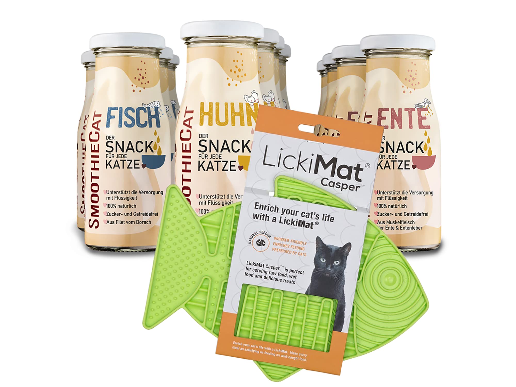 Katzen Smoothie SmoothieCat 12er Mix + Lickimat Casper Grün - je 4X: Huhn, Ente, Fisch - Flüssignahrung für Katzen - Katzensuppe - Zucker- & glutenfrei - Schleckmatte - je 150ml
