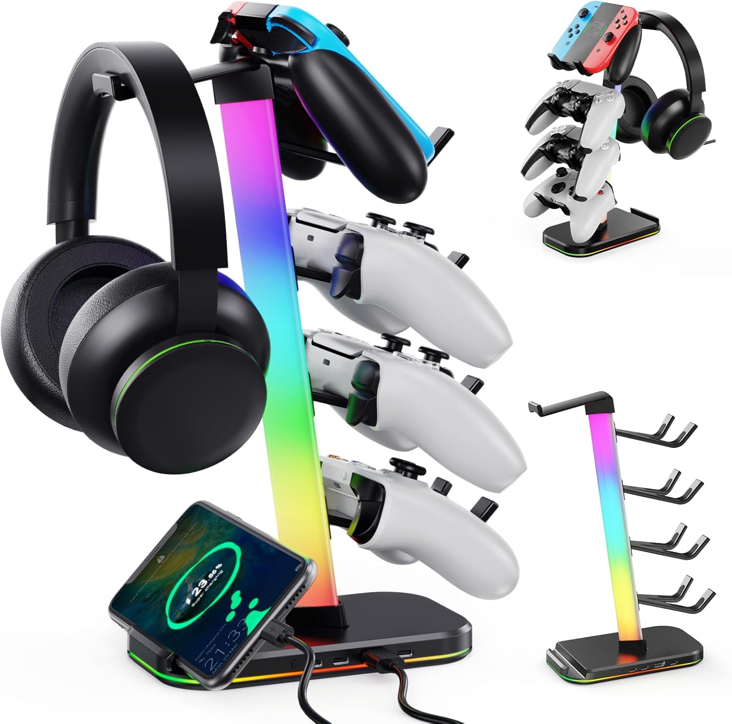 Gaming Headphones Stand with Charging Station, RGB Headset Stand with 10 Light Modes, 4 Controller Holder with 1 USB & 2 Type-C Charging Ports - Earphone Hook for PC Desktop Gamer Accessories Storage - Image 7