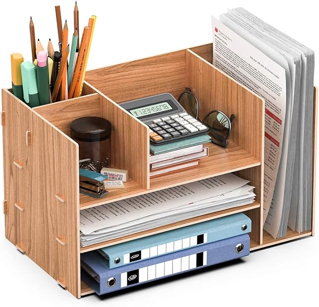 JOPOO Desk Tidy Organiser Wooden Office Letter Tray File Rack Holder Sorter for A4 Papers, Pens, and Magazine