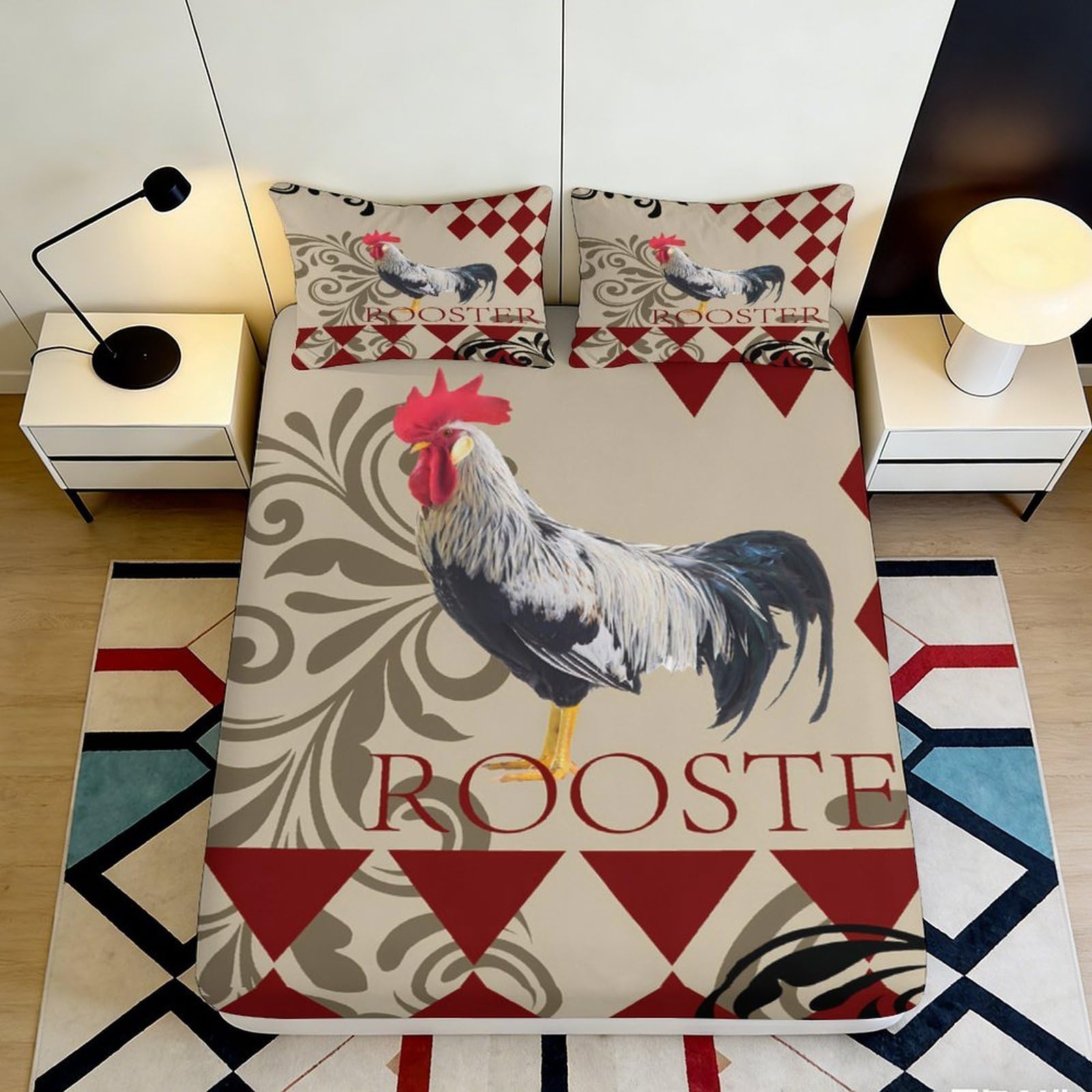 3D Printed Rooster Fitted Sheet Microfiber Soft Breathable Rooster Bed Cover for Bedroom Dormitory Guest Room Mattress Protection Decor 120x200x25cm