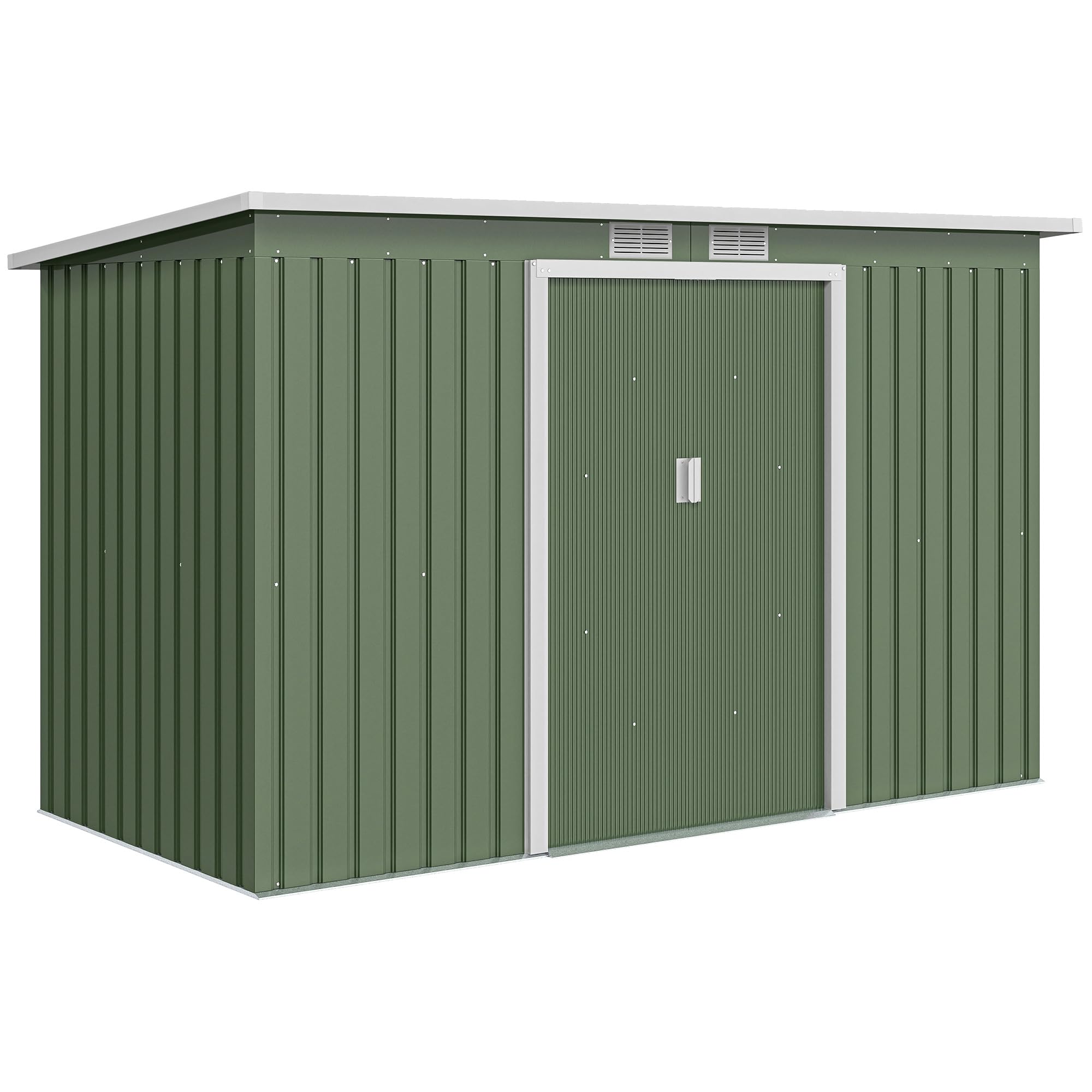 Outsunny Casetta da Giardino 3.2m² in Acciaio Zincato con Kit Fondazione, Prese d'Aria, Capanno Porta Attrezzi con Tetto Inclinato, Doppia Porta Scorrevole Bloccabile, Verde Chiaro