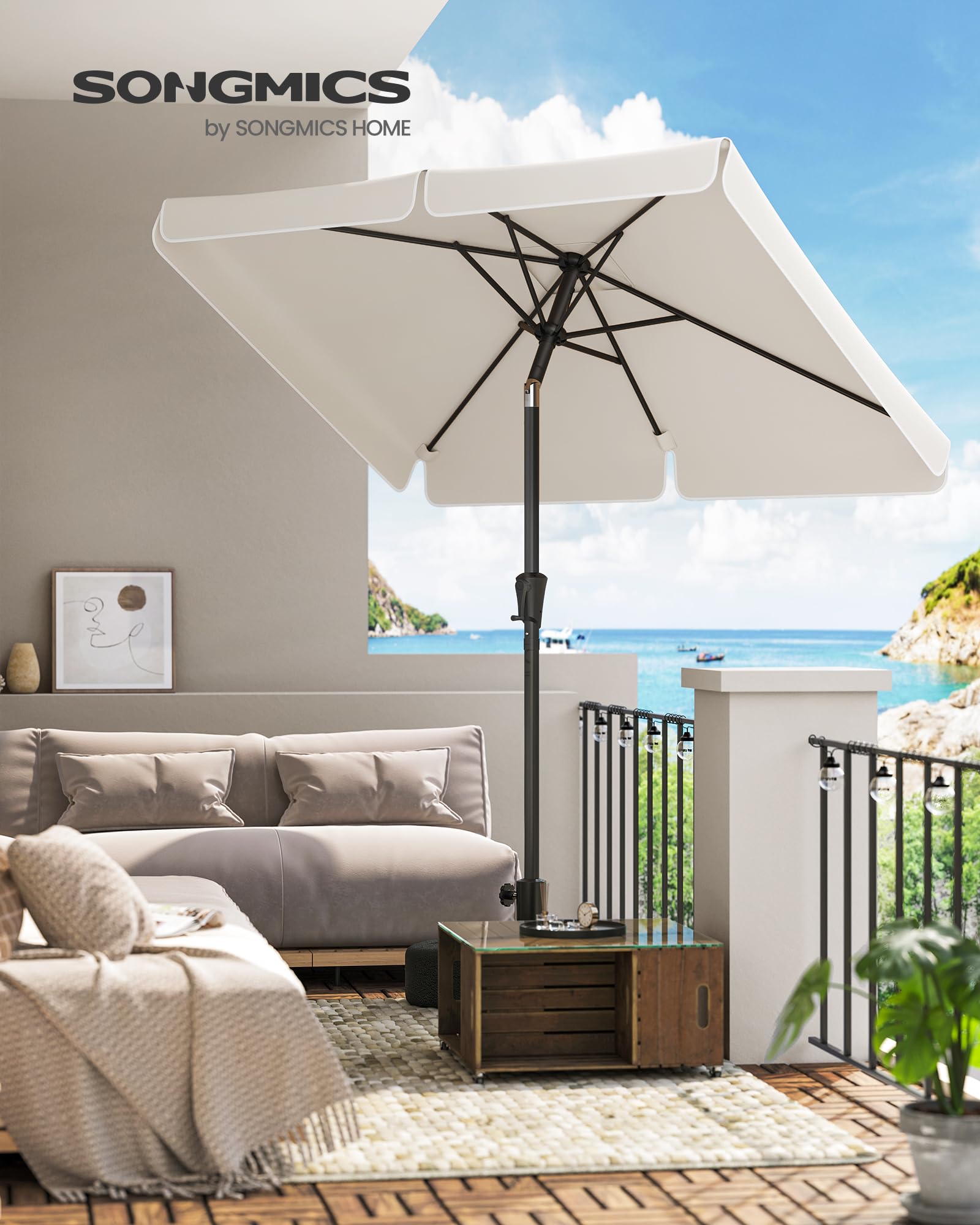 SONGMICS Parasol rectangulaire 200 x 150 cm, protection solaire UPF 50+, pliable des deux côtés à 30°, pour jardin, terrasse, sans pied