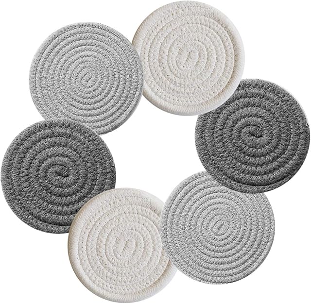 Round Woven Coasters Set of 6, Drinks Cup Coasters Plain Absorbent Table Cup Mat for Beer Tea Coffee Mug Wine Glass, Housewarming Gift, Home Pub Bar, 4.3 In (2* White + 2* Dark Grey + 2* Light Grey)