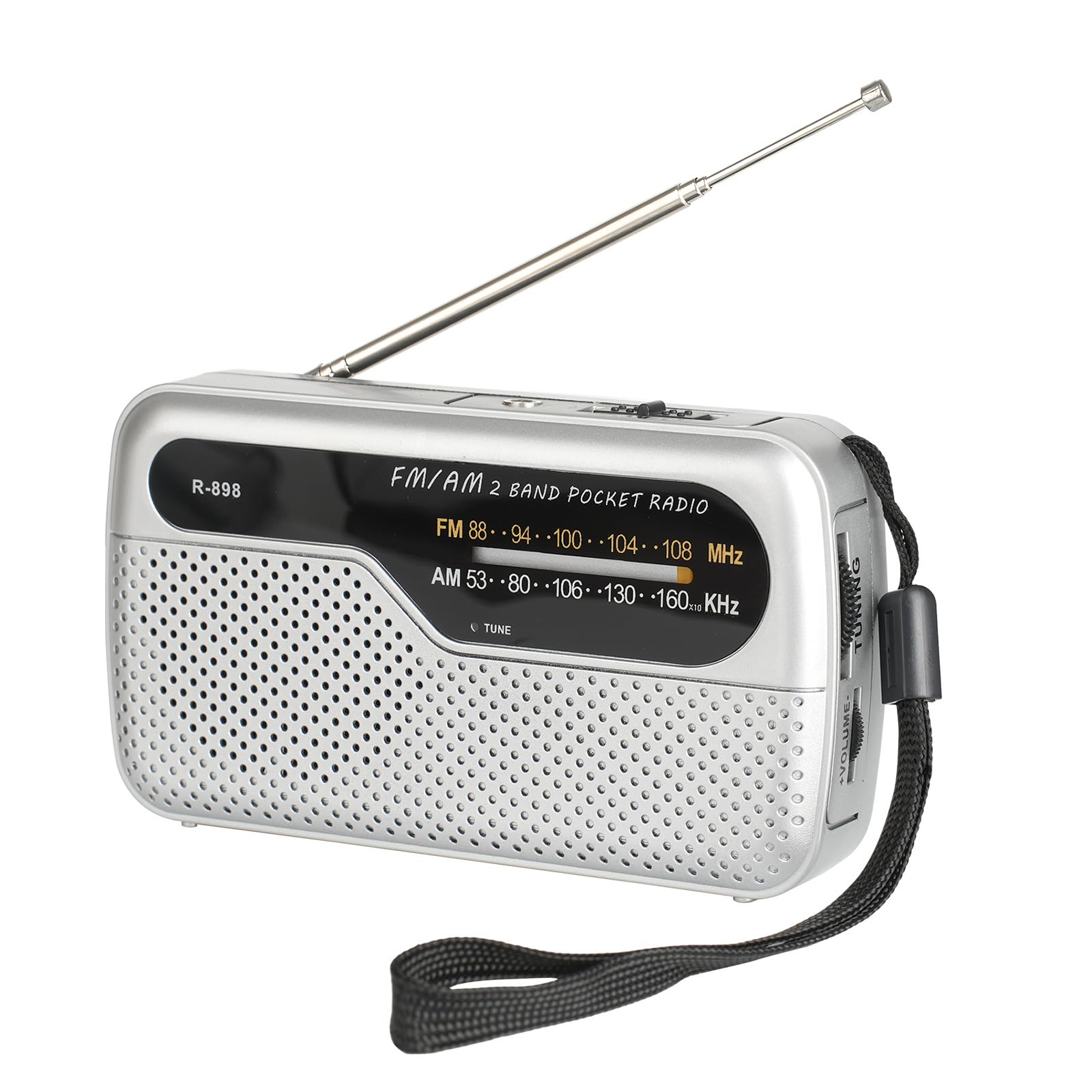 Radio portatile FM transistor con altoparlante potente, funziona con 2 batterie AA, argento