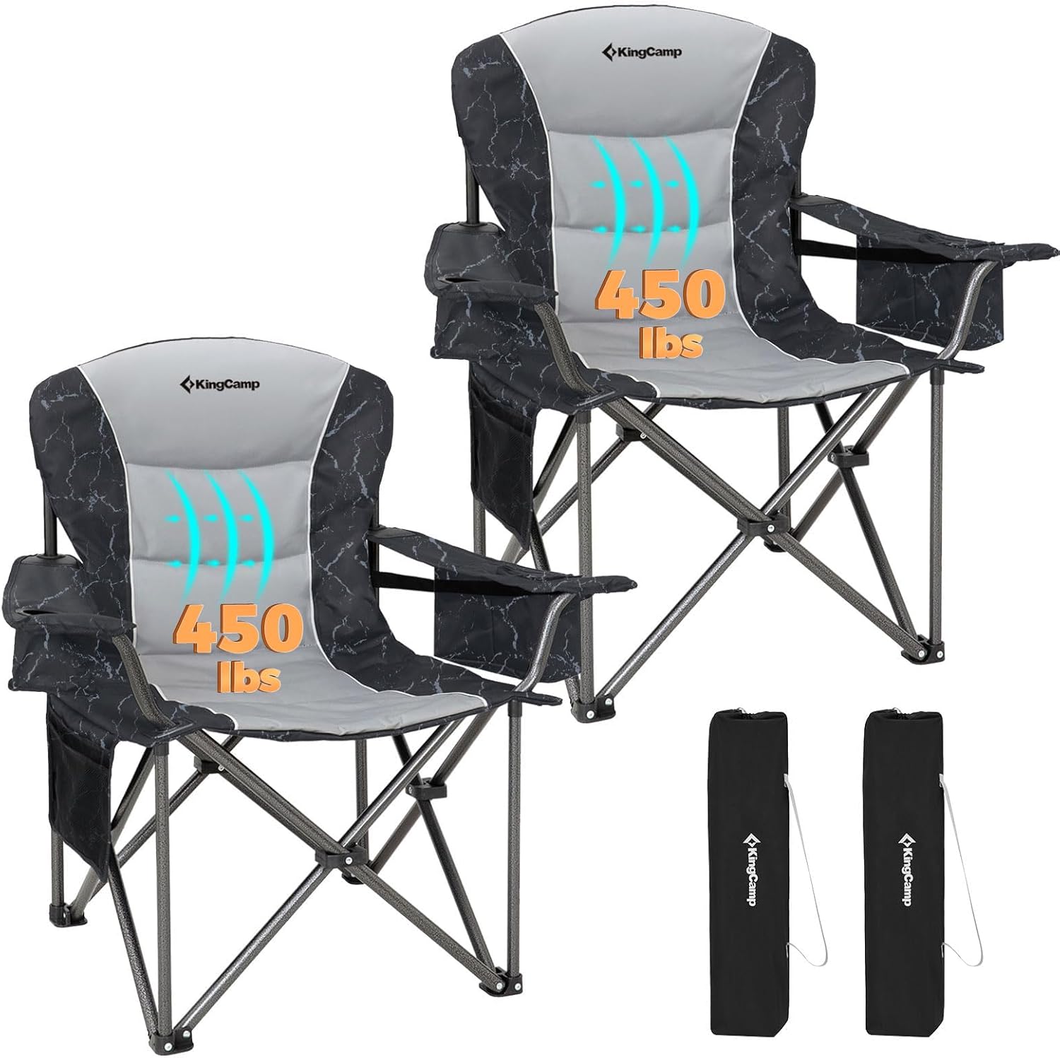 kingcamp oversized camping folding chair, heavy duty 450 lbs with lumbar support, padded seat with cup holder&cooler bag, ideal for camp, fishing, sports event, backyard, patio, lawn grey/lightgrey-2 pack