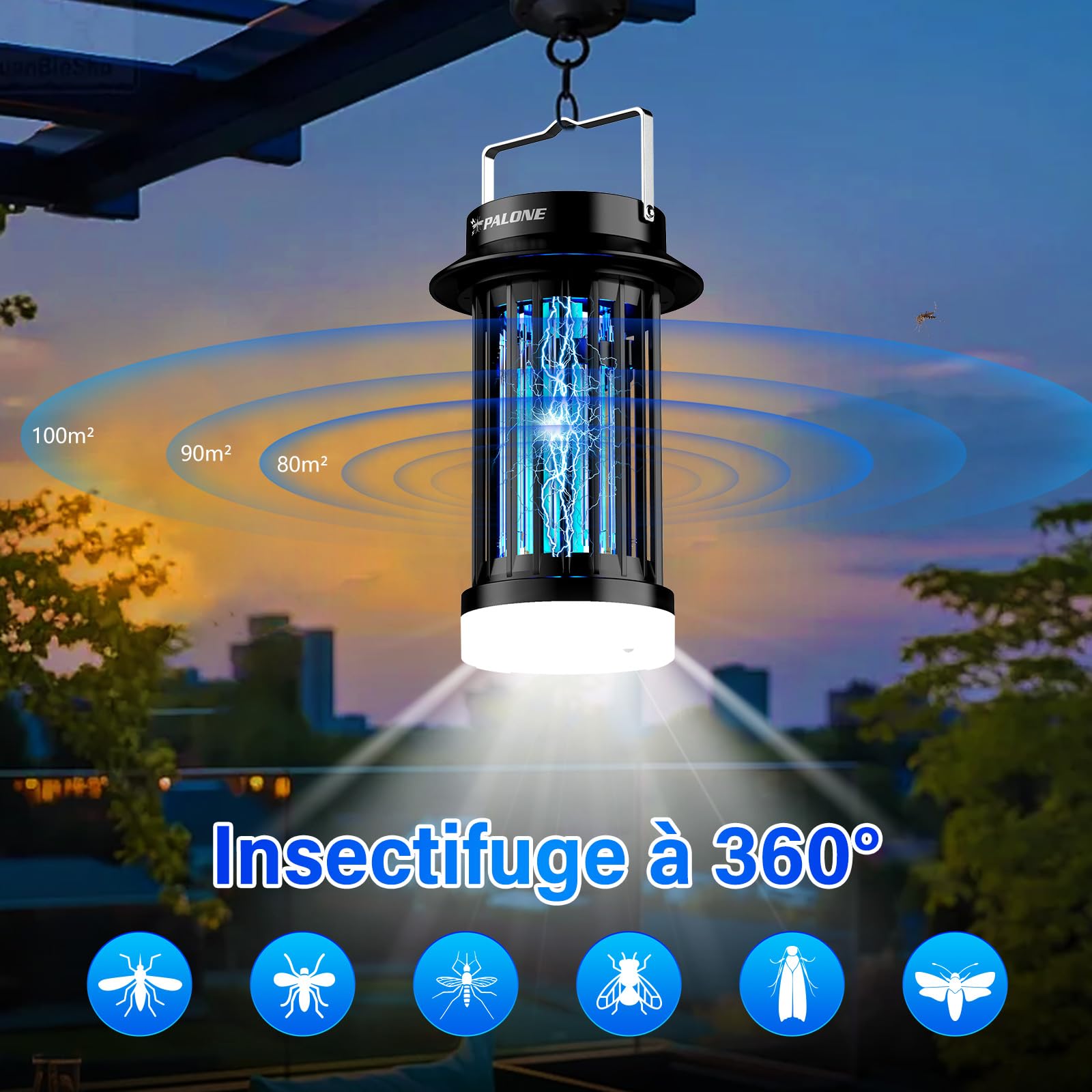 PALONE Lampe Anti Moustique USB-C Tue Mouche Électrique LED Portable UV 4200V 140 m²