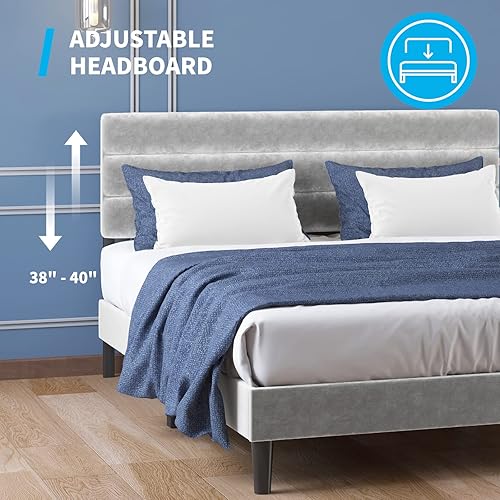 Miniatura 4 de Mjkone Base de cama de plataforma tamaño King con cabecera ajustable, moderno marco de cama tapizado de terciopelo holandés, marco de cama con