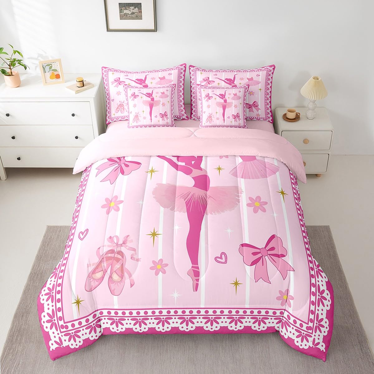 Feelyou Kids Ballerina Comforter Set - Pink Ballet Bedding, Twin Size, Microfiber, 1 Comforter & 1 Pillowcase