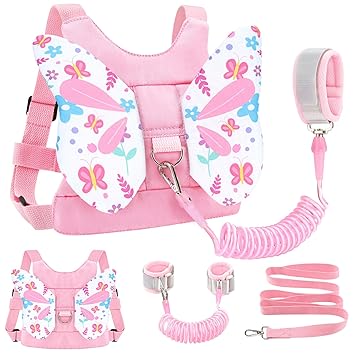 Accmor Toddler Harness Leash, 3 in 1 Cute Butterfly Kids Leash + Anti Lost Wrist Link for Outdoor Travel, Adorable Child Walking Harness Wristband Assistant Strap Belt Protector for Baby Girls (Pink)