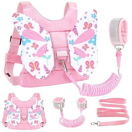 Accmor Toddler Harness Leash, 3 in 1 Cute Butterfly Kids Leash + Anti Lost Wrist Link for Outdoor Travel, Adorable Child Walking Harness Wristband Assistant Strap Belt Protector for Baby Girls (Pink)