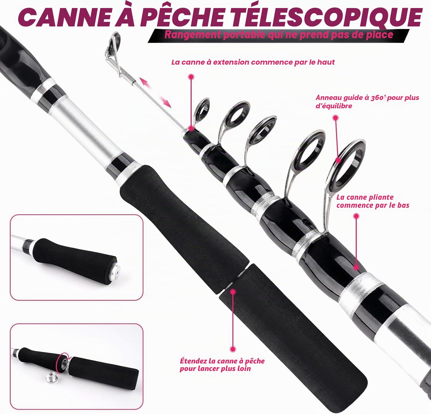 Hikary Lot de 2 cannes à pêche télescopiques et moulinets Combo Set 2,10 m Moulinet de spinning portable Leurres et accessoires avec sac de rangement Eau salée et eau douce