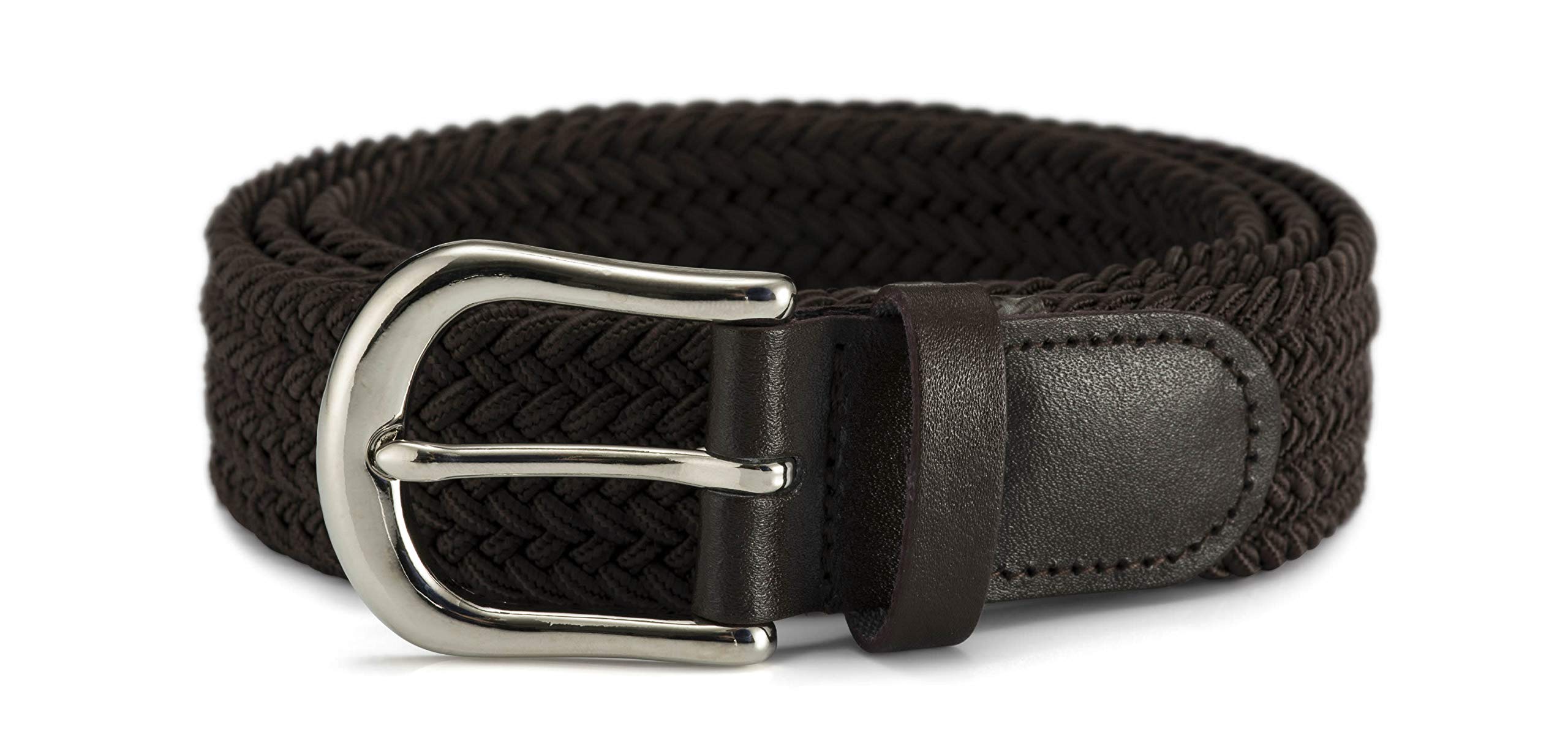 Streeze 30mm Stretch Belt - Braided Elastic Webbed Belt with Silver Metal Buckle (2XL, Brown)