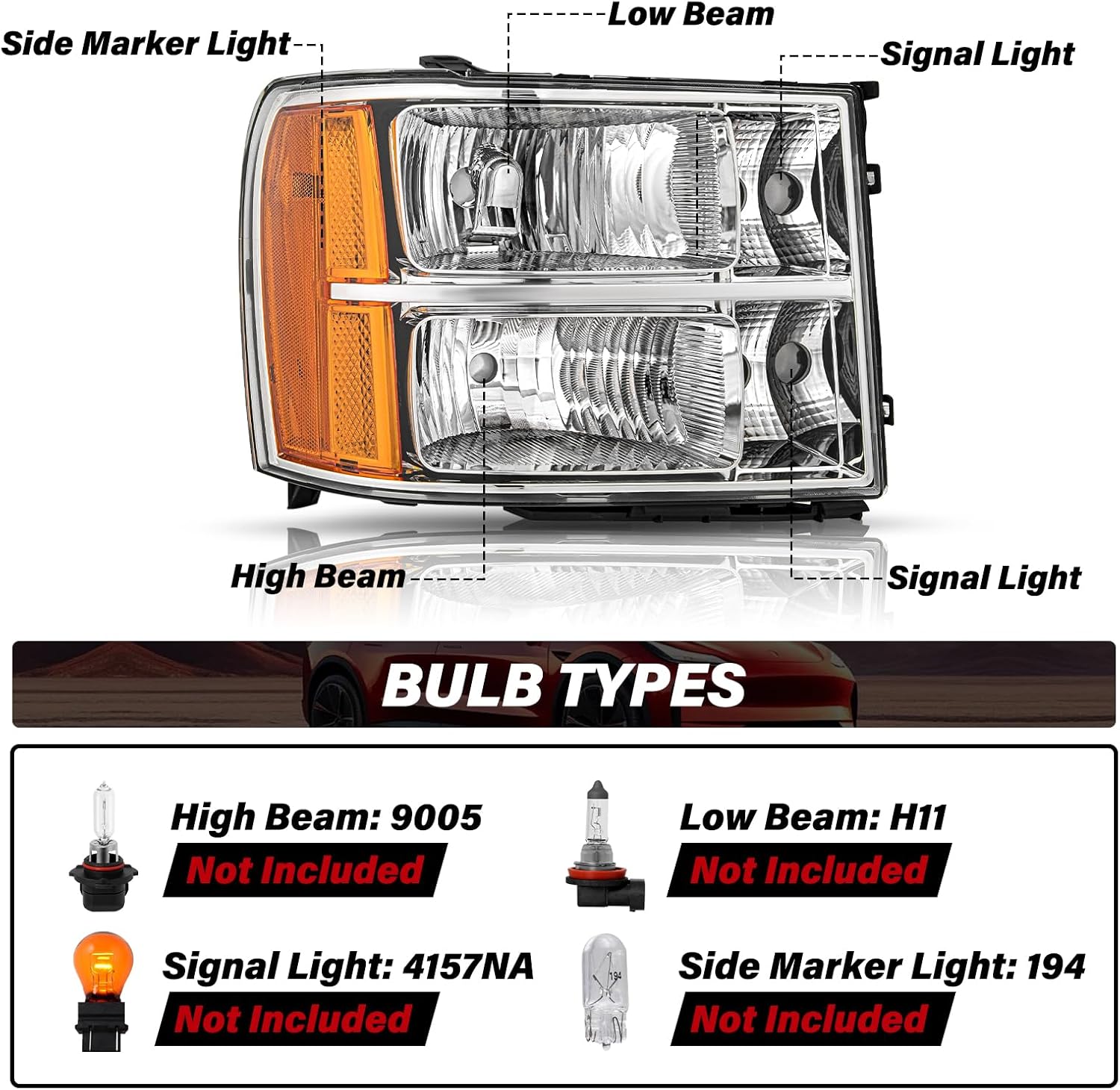 Bingbingmotor BRYGHT Fits for 2007-2013 GMC Sierra 1500/07-14 GMC Sierra 2500HD 3500HD Headlight Assembly NO FOGGING Front Headlamp Replacement OE Style Left Driver Side LH Chrome Housing