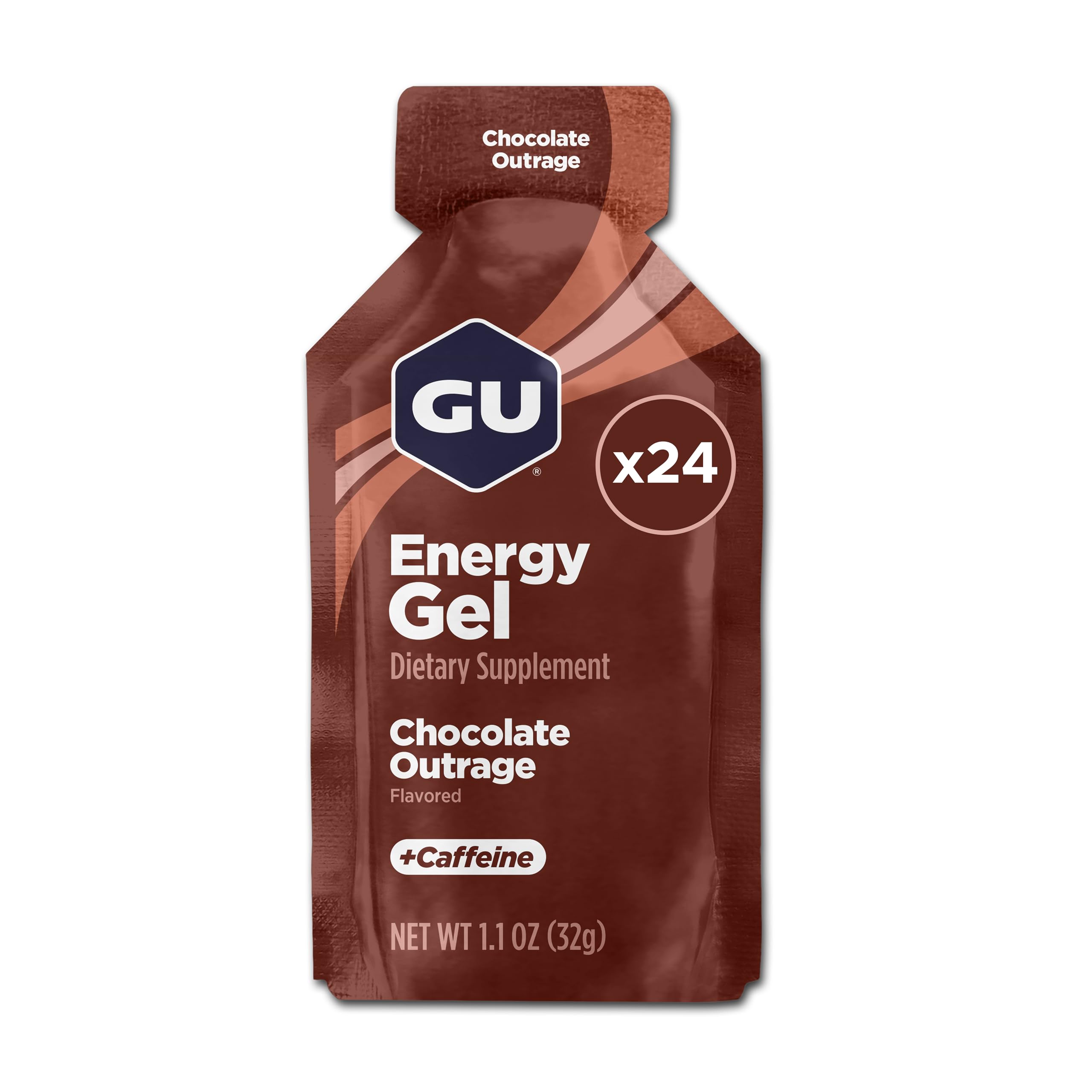 GU Original Energy Gels, Chocolate Outrage 24 Pack - 100 Calorie Energy Gel with Carbohydrates, Caffeine, BCAAs and Electrolytes - Pre-Workout Fuel for Running, Cycling, Triathlon and Endurance Sports