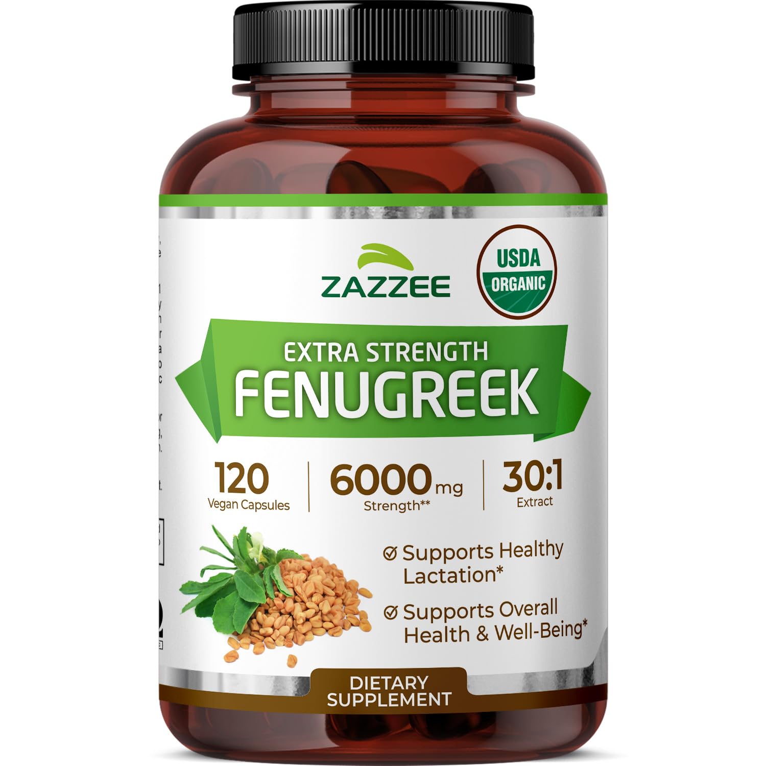Zazzee USDA Organic Fenugreek 30:1 Extract, 6000 mg Strength, 120 Vegan Capsules, 4 Month Supply, Standardized and Concentrated 30X Extract, 100% Vegetarian, All-Natural and Non-GMOUSDA Organic