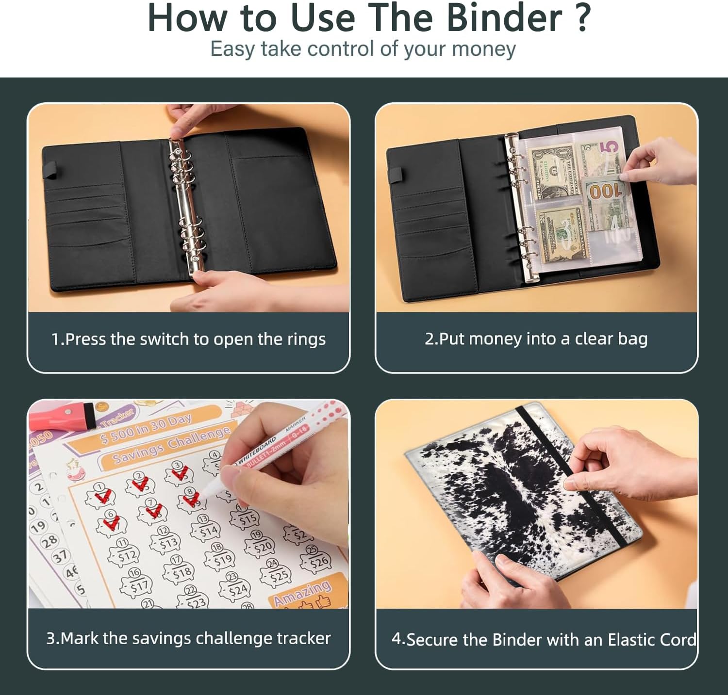 100 Envelopes Money Saving Challenge, Money Saving Budget Binder with Cash Envelopes, Motivational Process to Save $5050, A5 Saving Challenge Book - Cowhide Black & White Cow Spots Pattern
